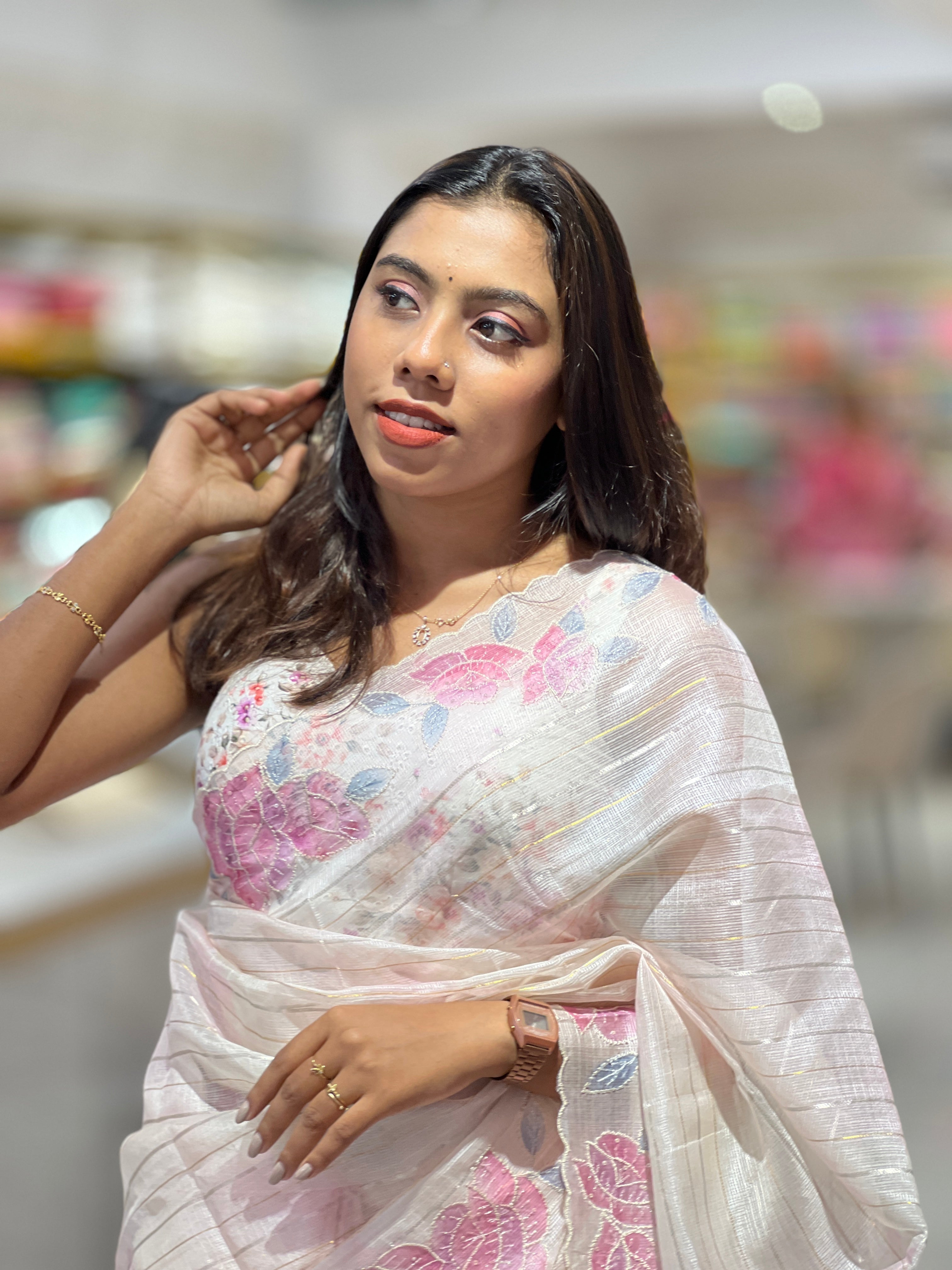 Zari Stripe With Floral Paint Detailed Silky Kota Saree | SBS1350