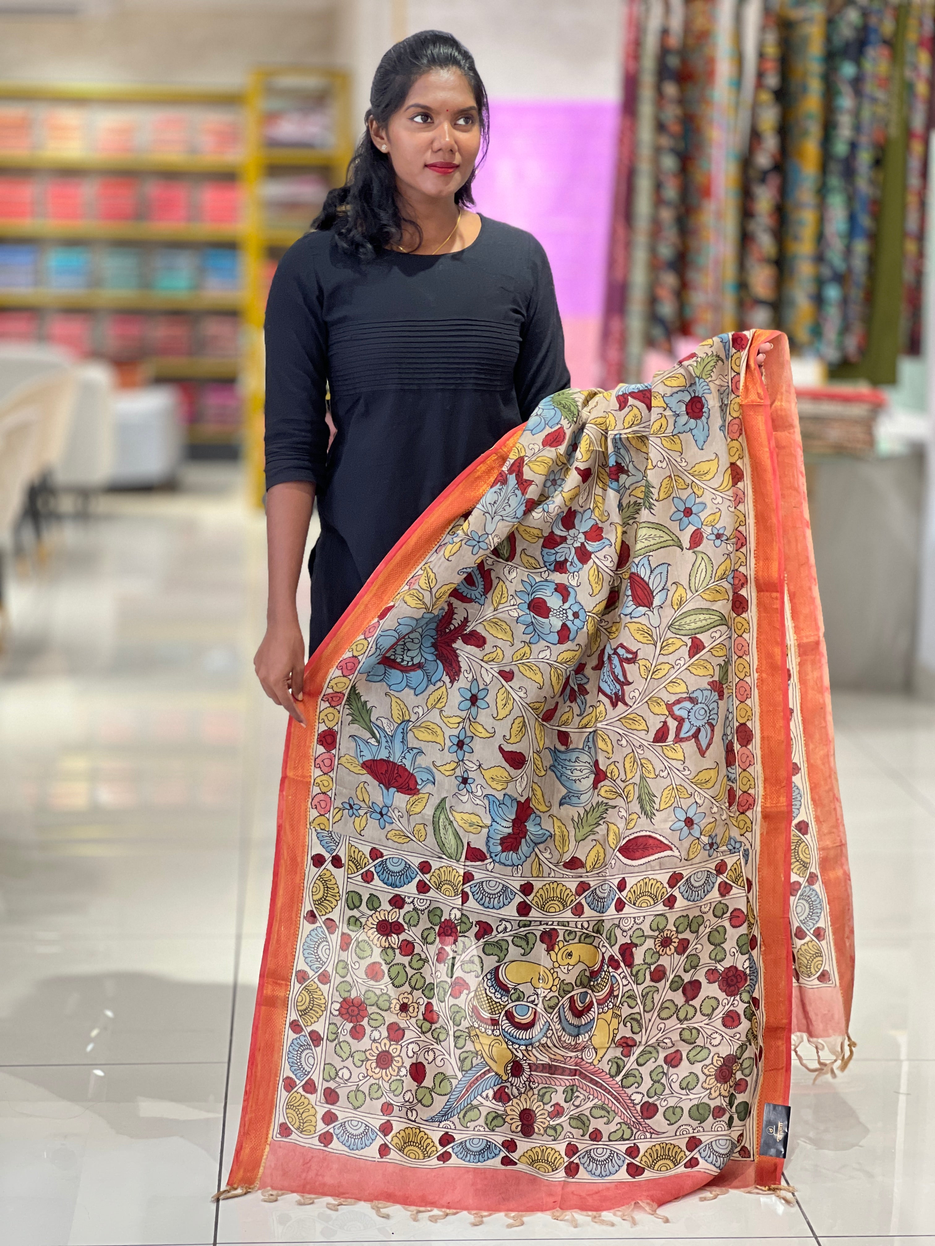Traditional Pen Kalamkari With Mangalgiri Border Detailed Chanderi Dupatta | DE194