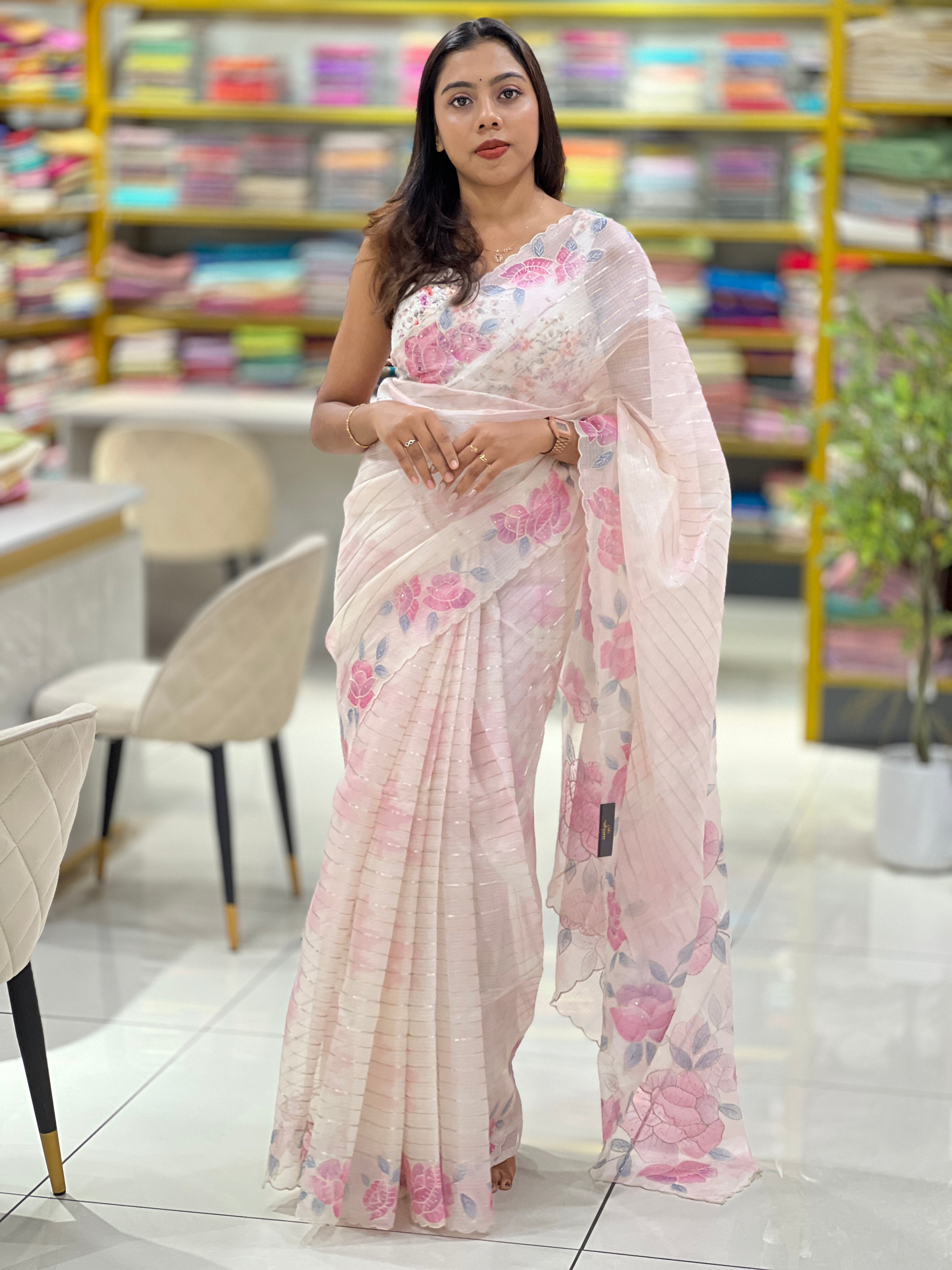 Zari Stripe With Floral Paint Detailed Silky Kota Saree | SBS1350