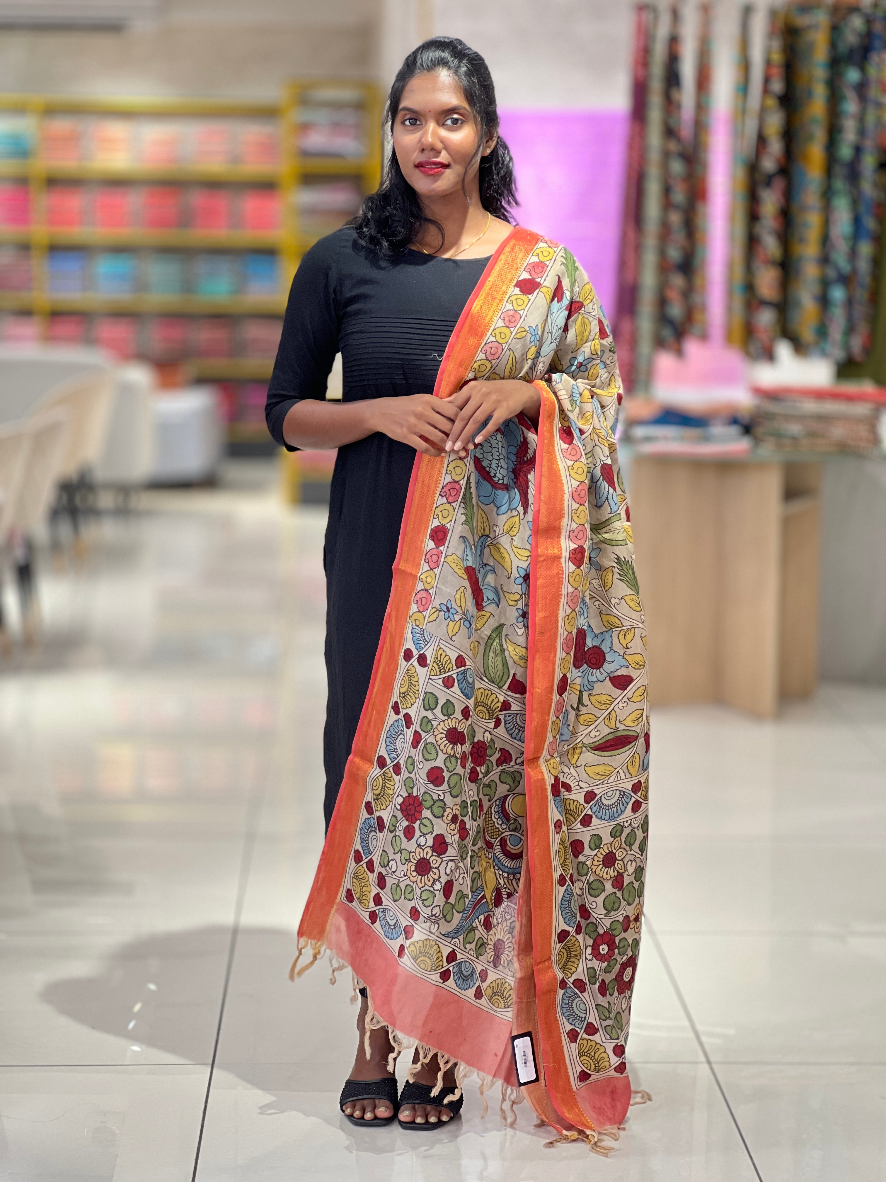 Traditional Pen Kalamkari With Mangalgiri Border Detailed Chanderi Dupatta | DE194