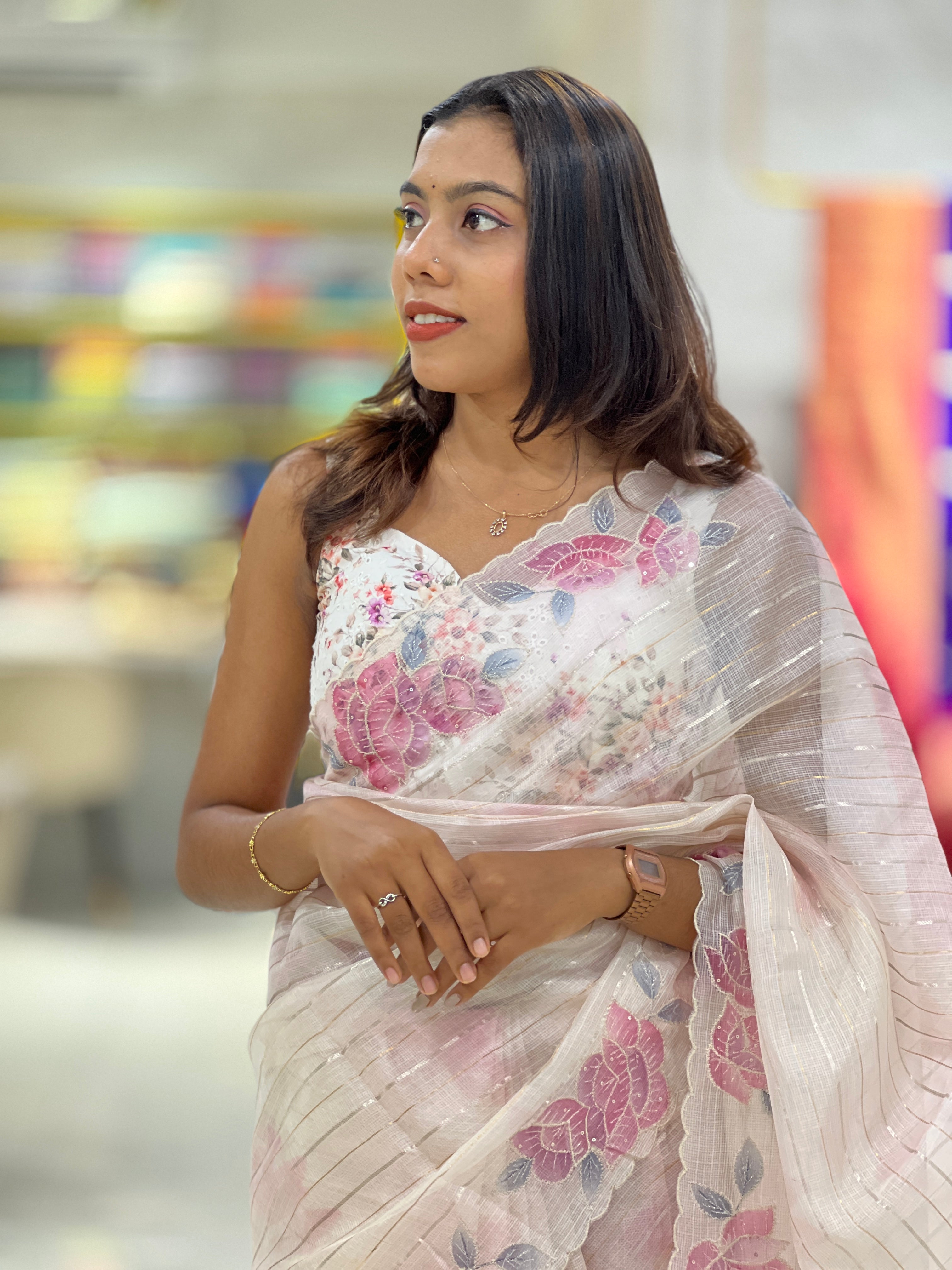 Zari Stripe With Floral Paint Detailed Silky Kota Saree | SBS1350