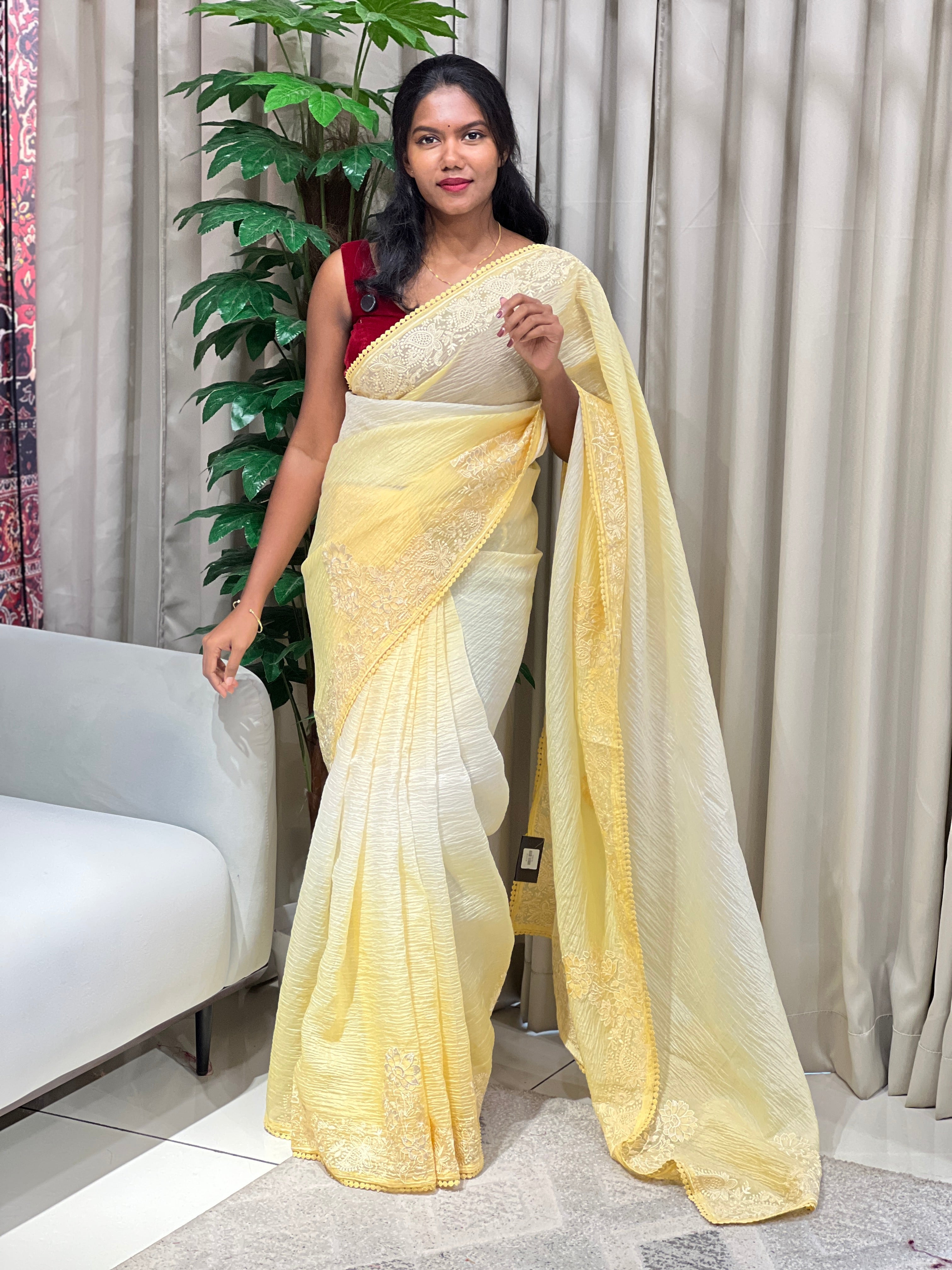 Floral Embroidery Detailed Crushed Shimmer Organza Saree | BLD2042