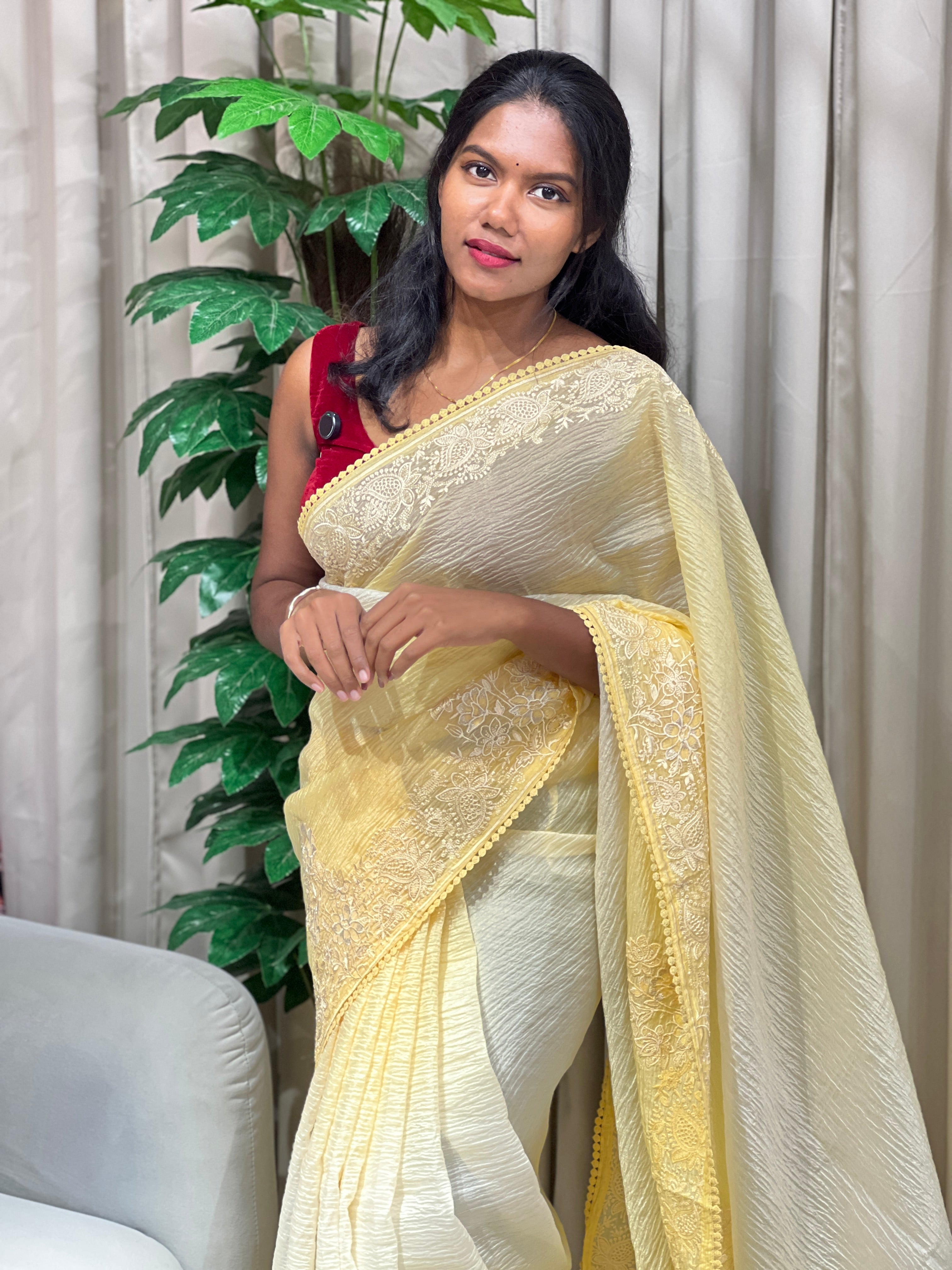 Floral Embroidery Detailed Crushed Shimmer Organza Saree | BLD2042