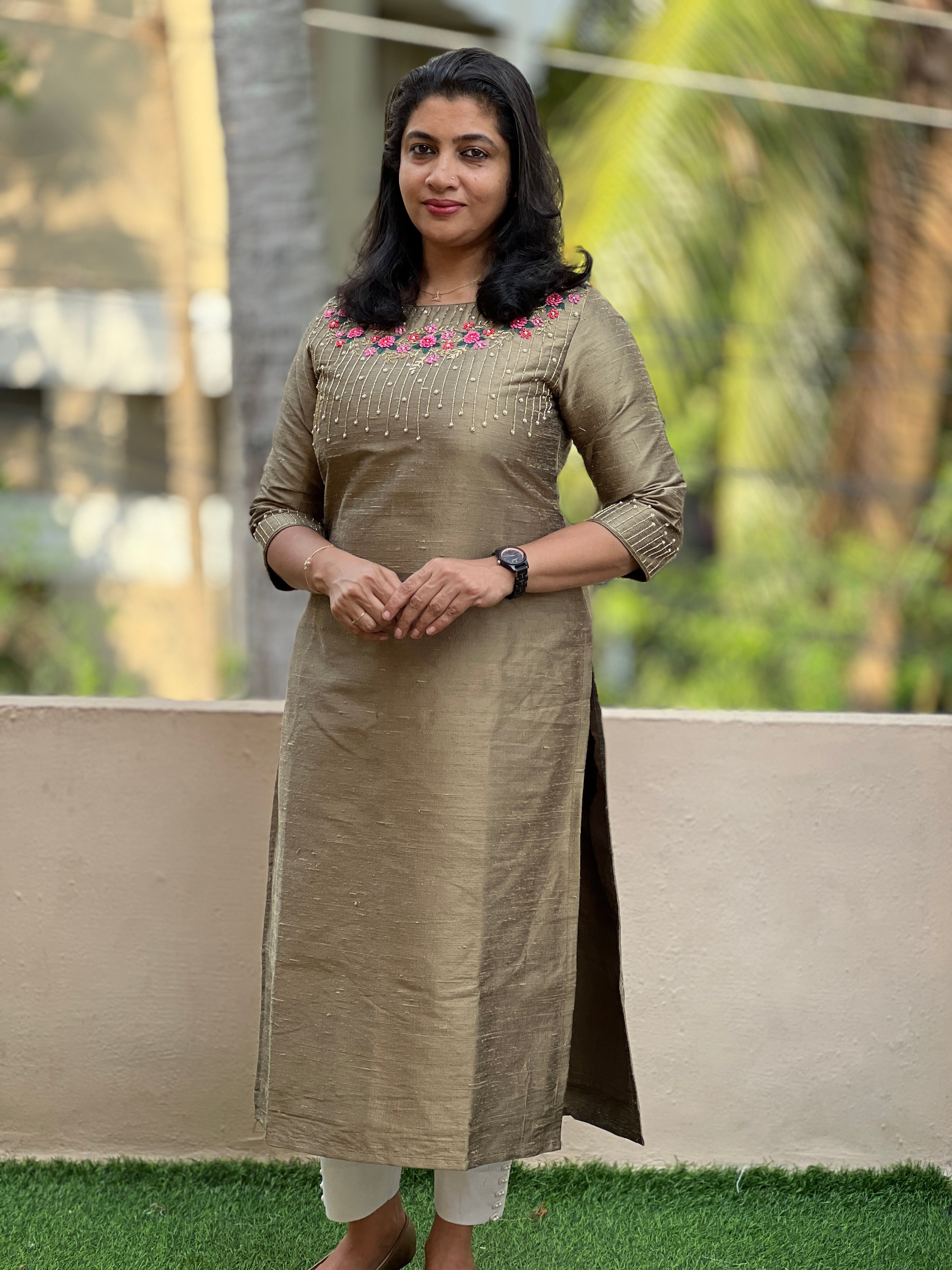 Golden Chikoo Sugar Beeds and Embroidery Kurta Material | DN491