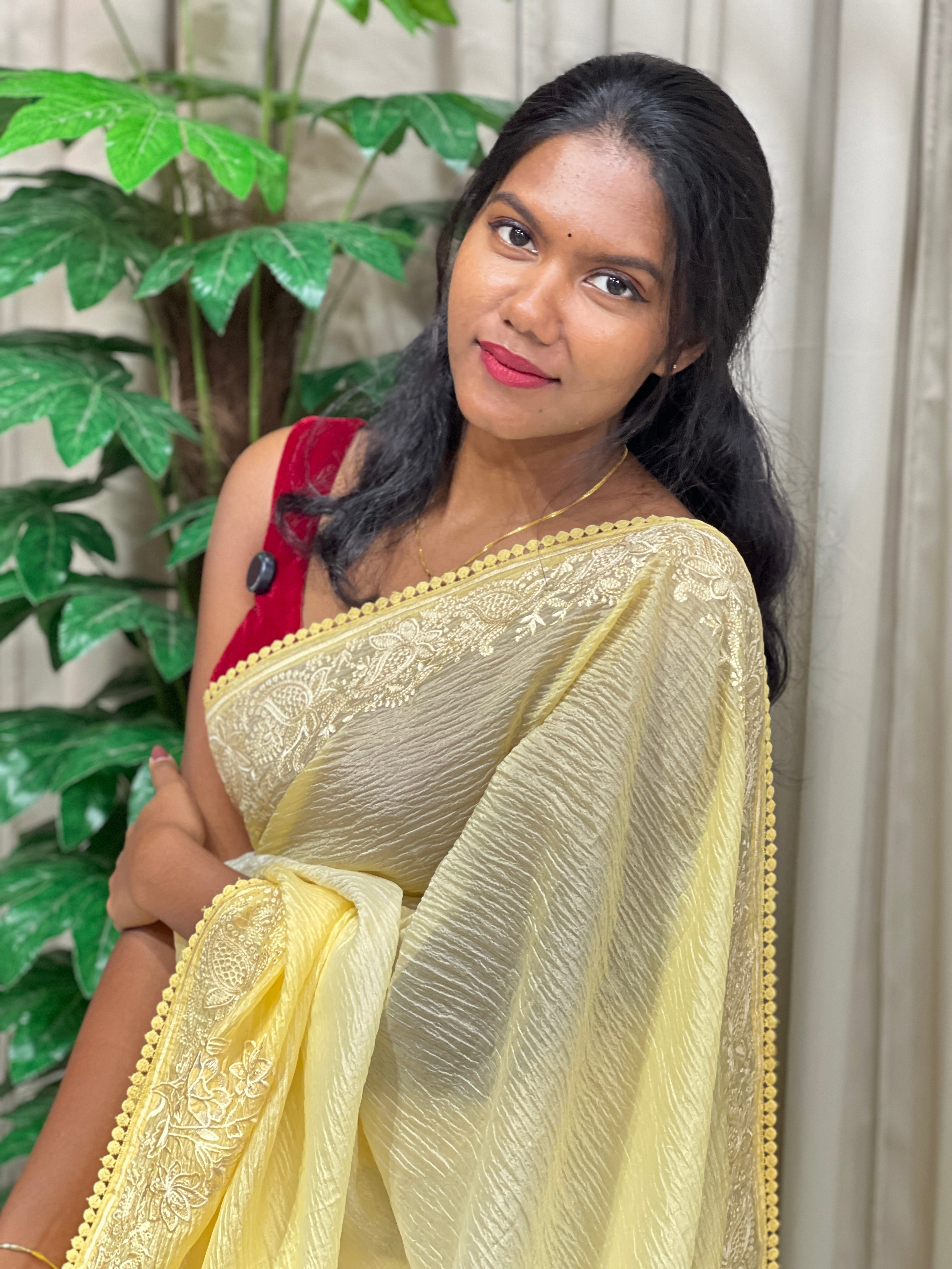 Floral Embroidery Detailed Crushed Shimmer Organza Saree | BLD2042