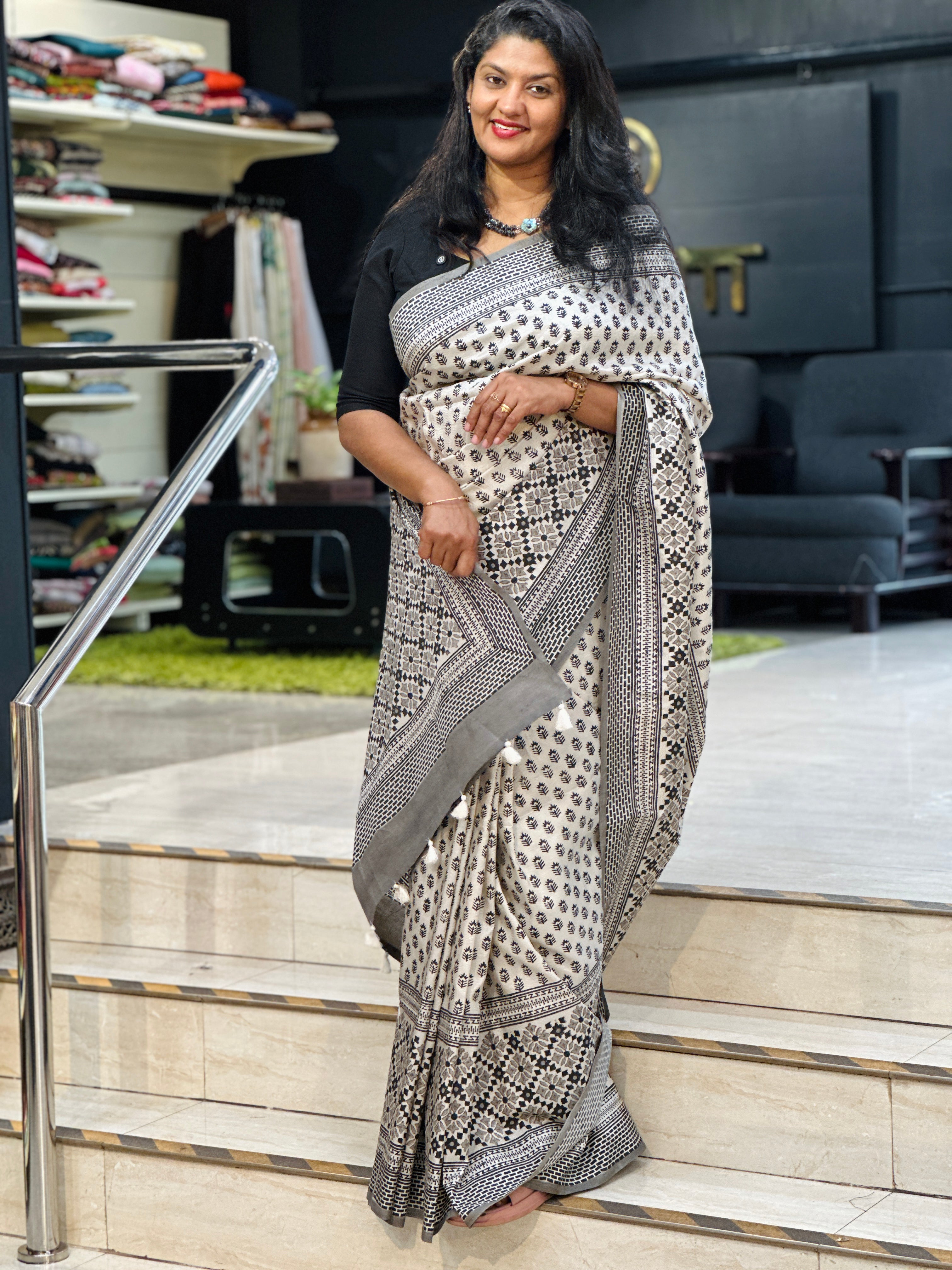 Hand Block Printed Semi Tussar Silk Saree | YNG1327