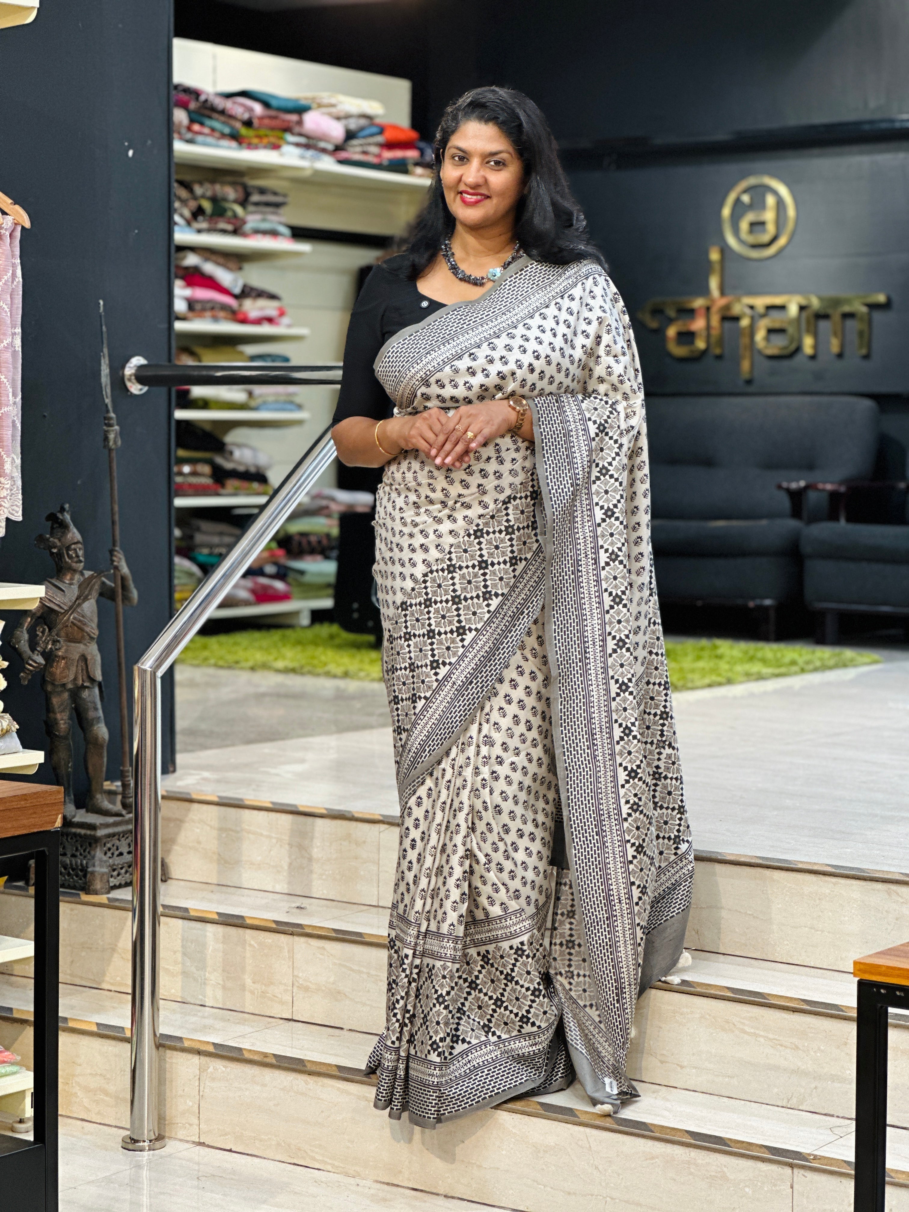 Hand Block Printed Semi Tussar Silk Saree | YNG1327