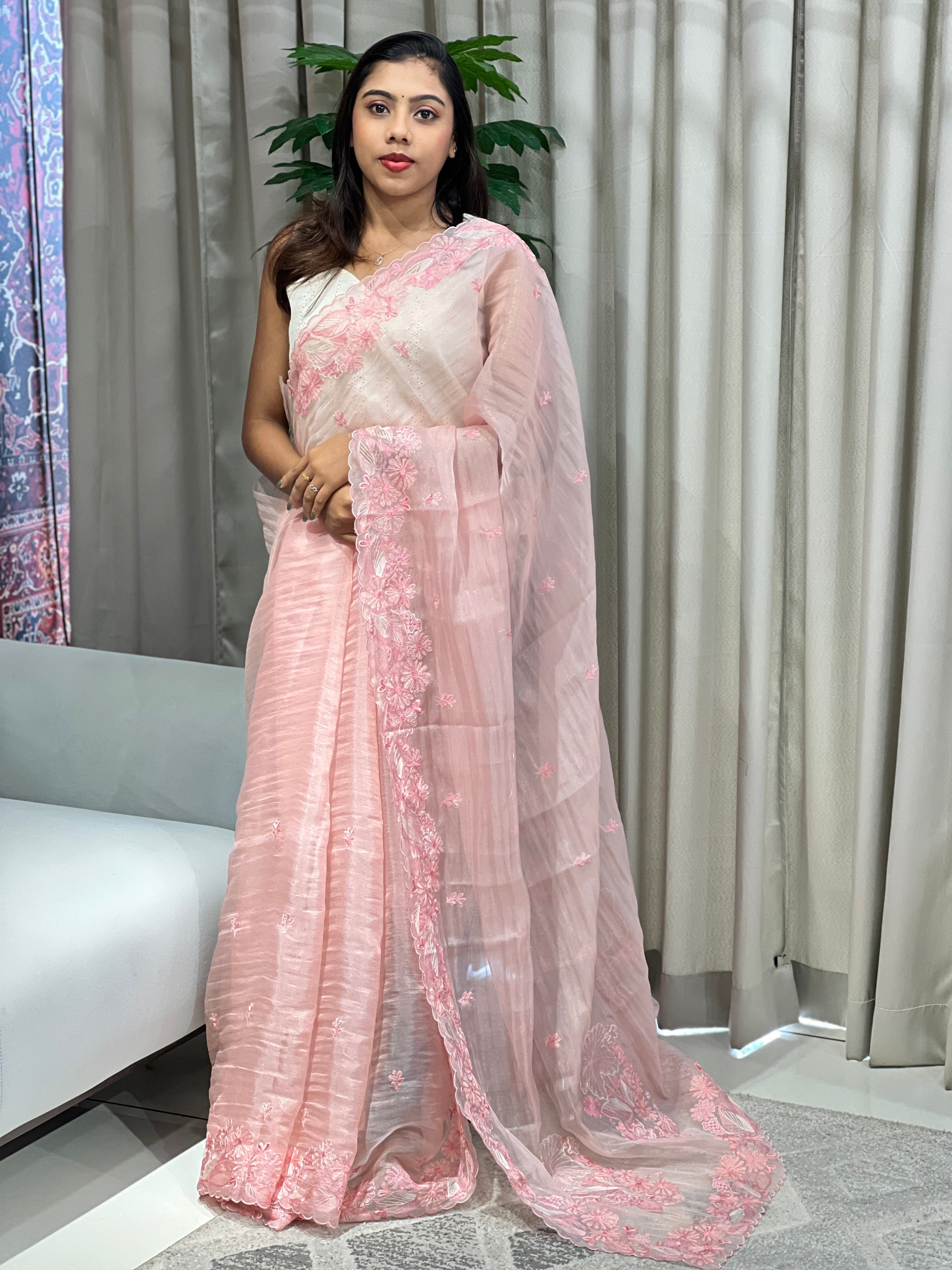 Floral Machine Embroidery Detailed Crushed Tissue Organza Saree | BLD2035