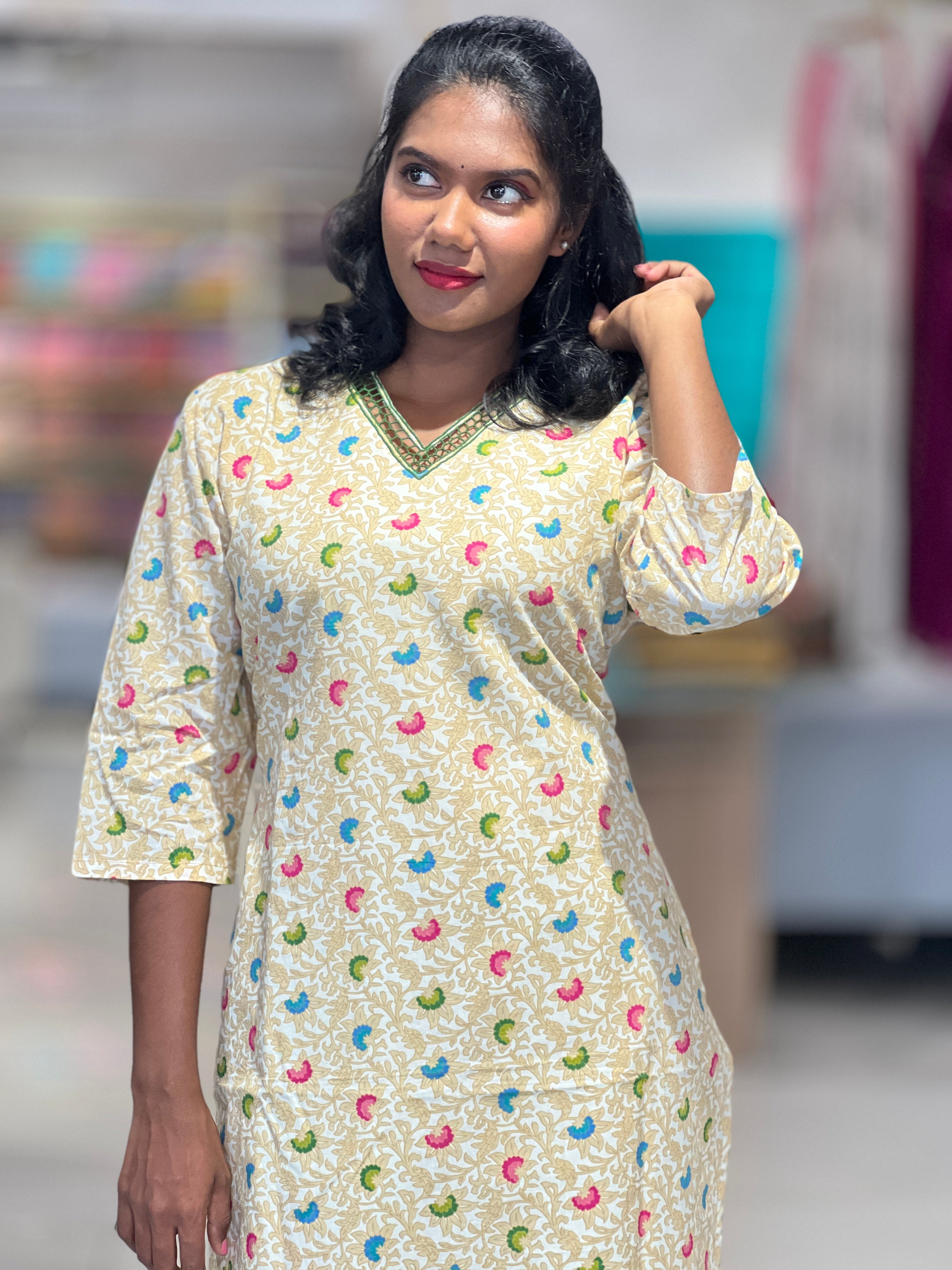 Print With Cutwork Detailed Cotton Kurta | DNT351