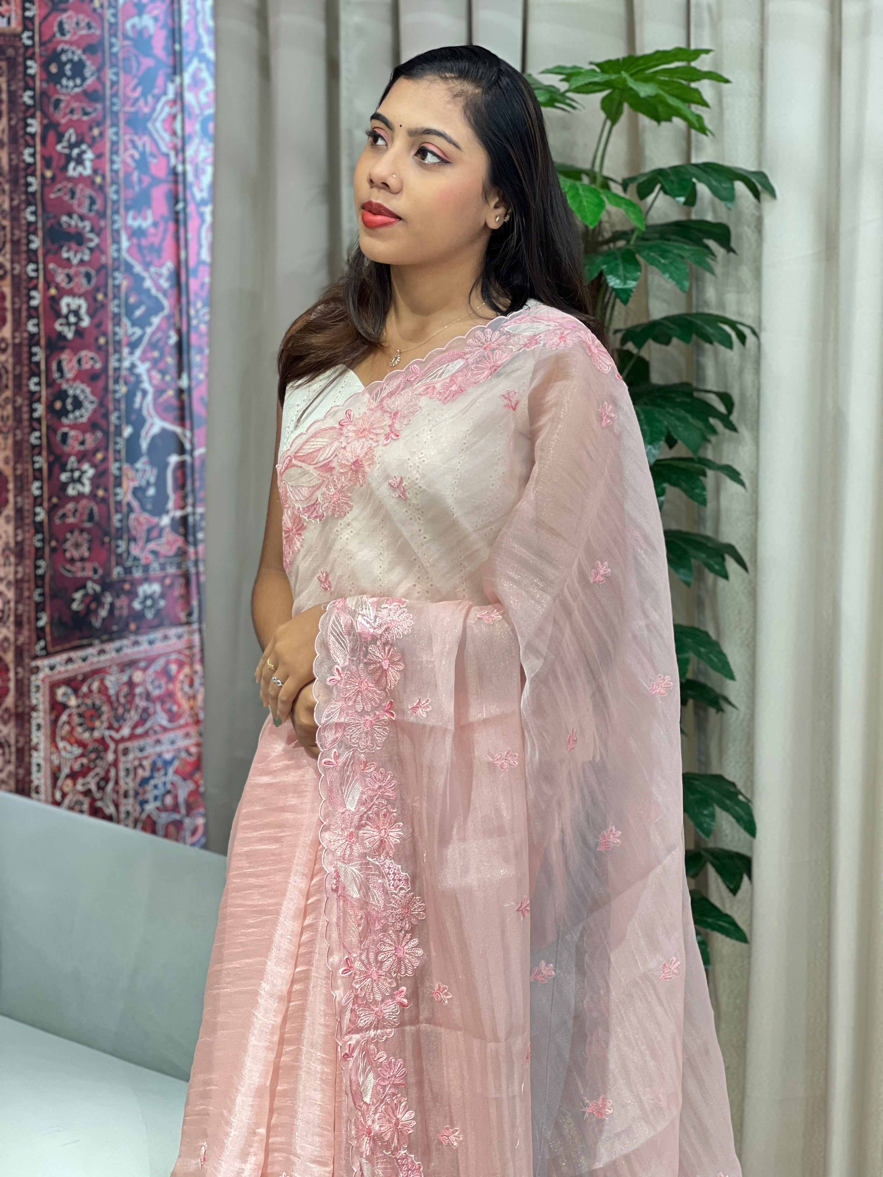 Floral Machine Embroidery Detailed Crushed Tissue Organza Saree | BLD2035