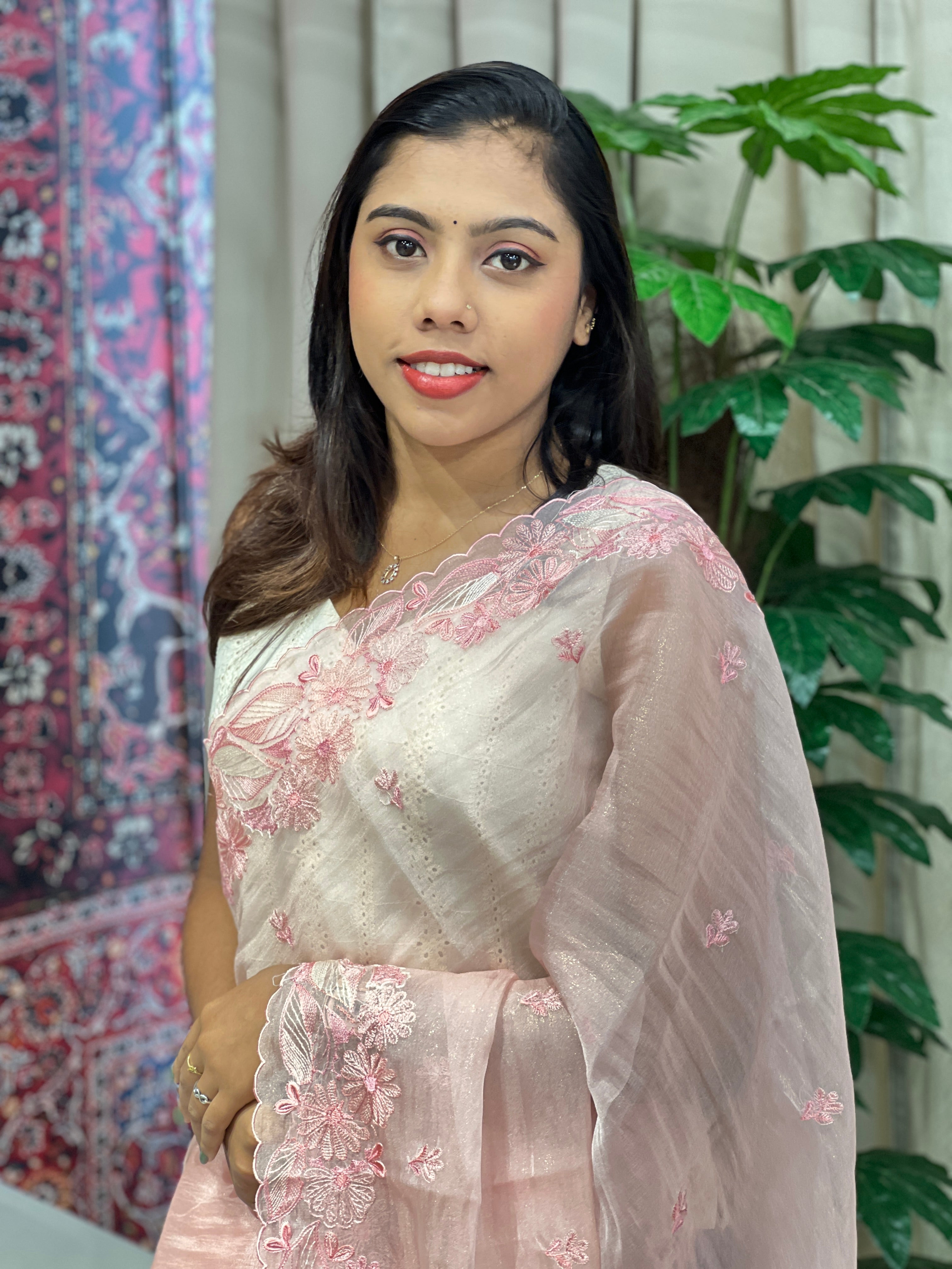 Floral Machine Embroidery Detailed Crushed Tissue Organza Saree | BLD2035