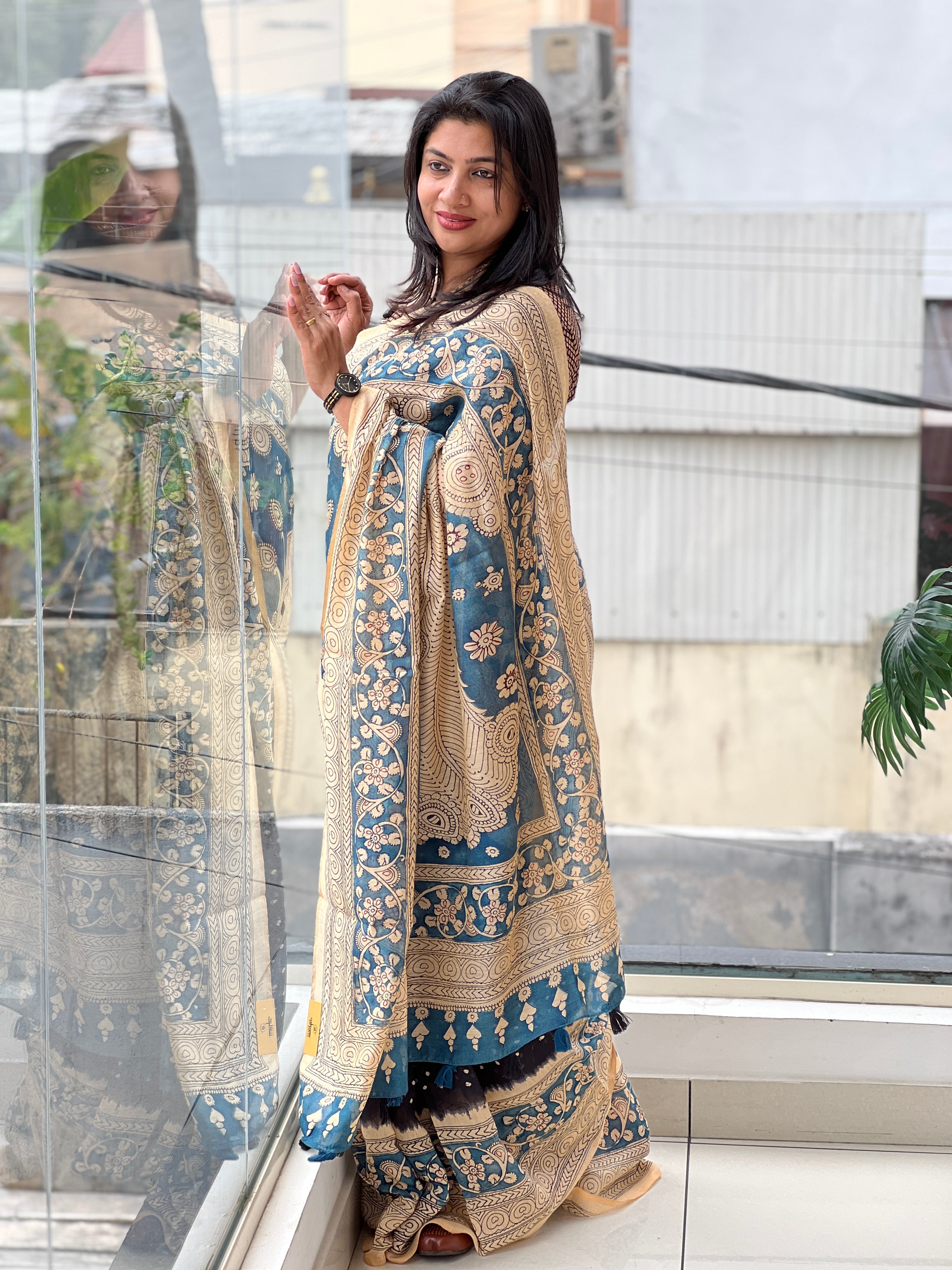Kalamkari And Bandhani Patterned Semi Jute Saree | SSN500