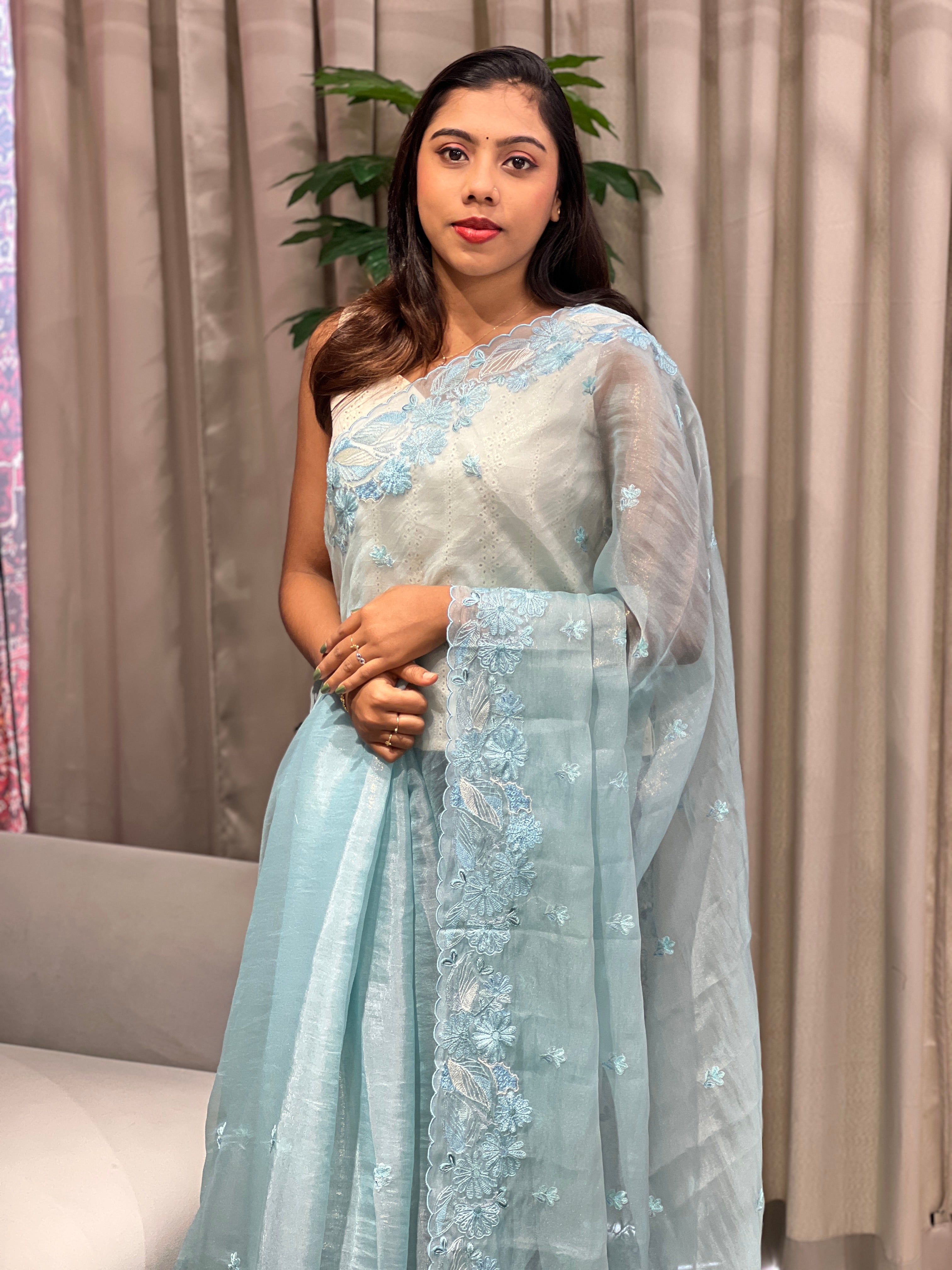 Floral Machine Embroidery Detailed Crushed Tissue Organza Saree | BLD2036