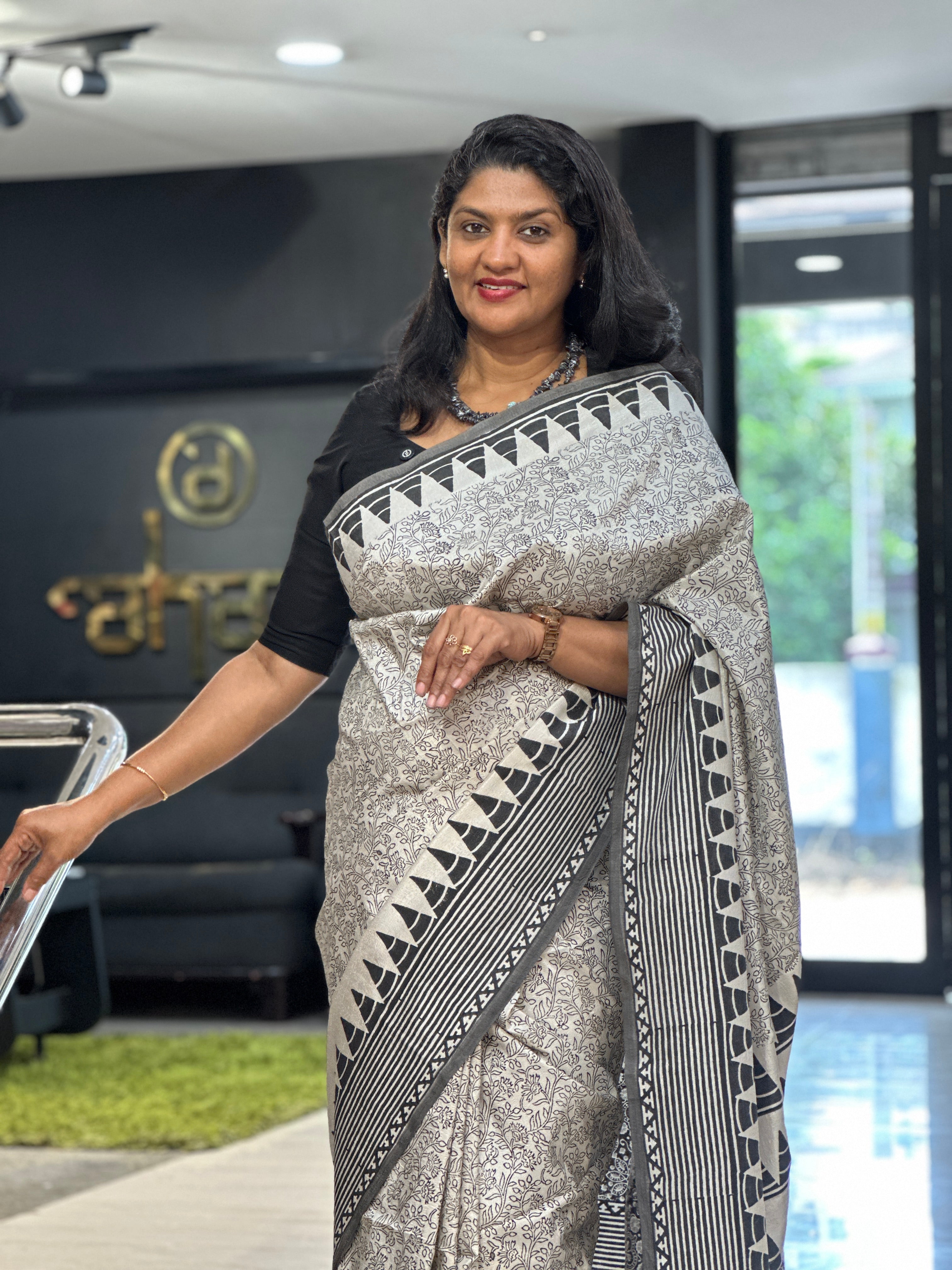 Hand Block Printed Semi Tussar Silk Saree | YNG1330