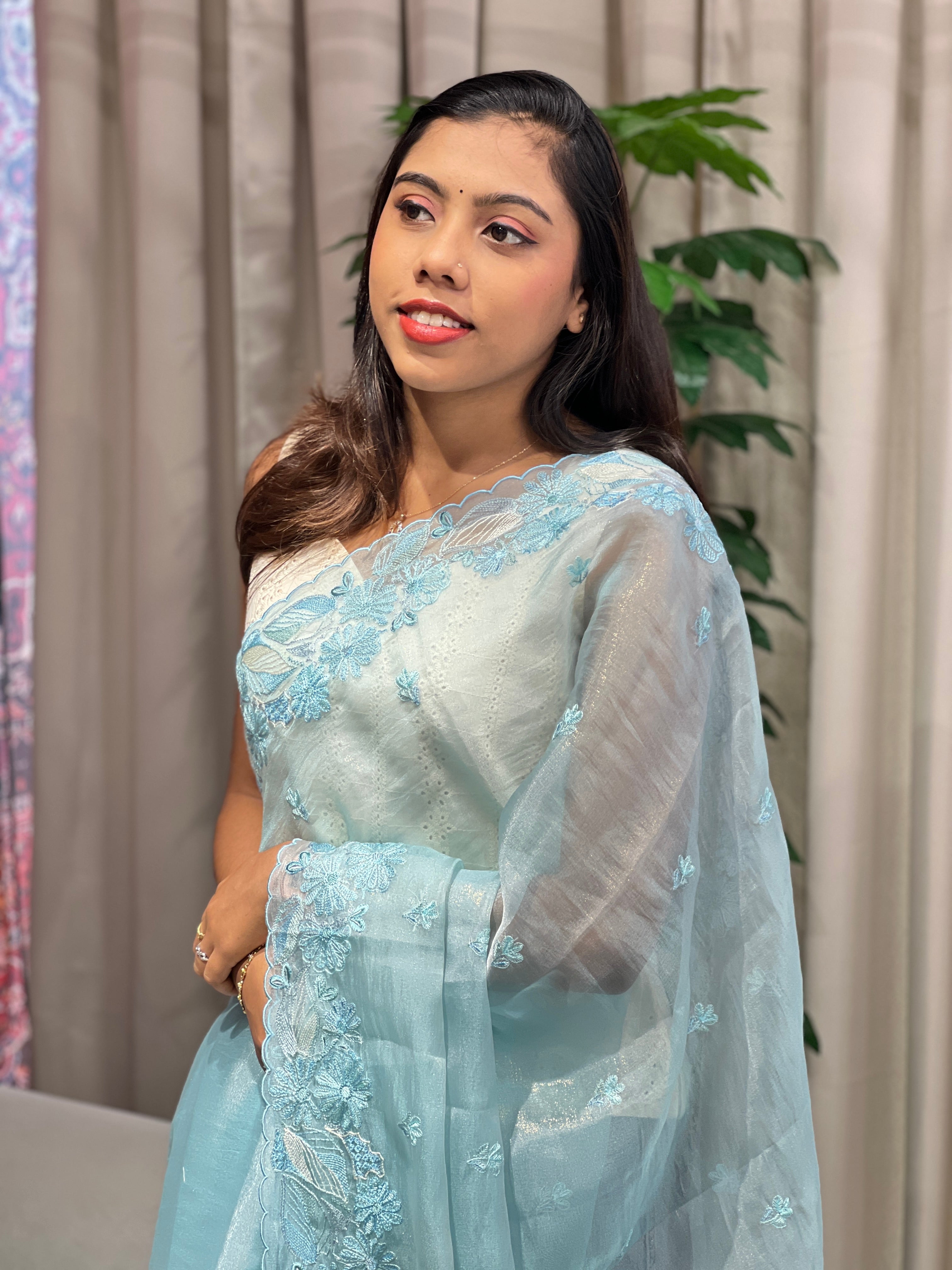 Floral Machine Embroidery Detailed Crushed Tissue Organza Saree | BLD2036