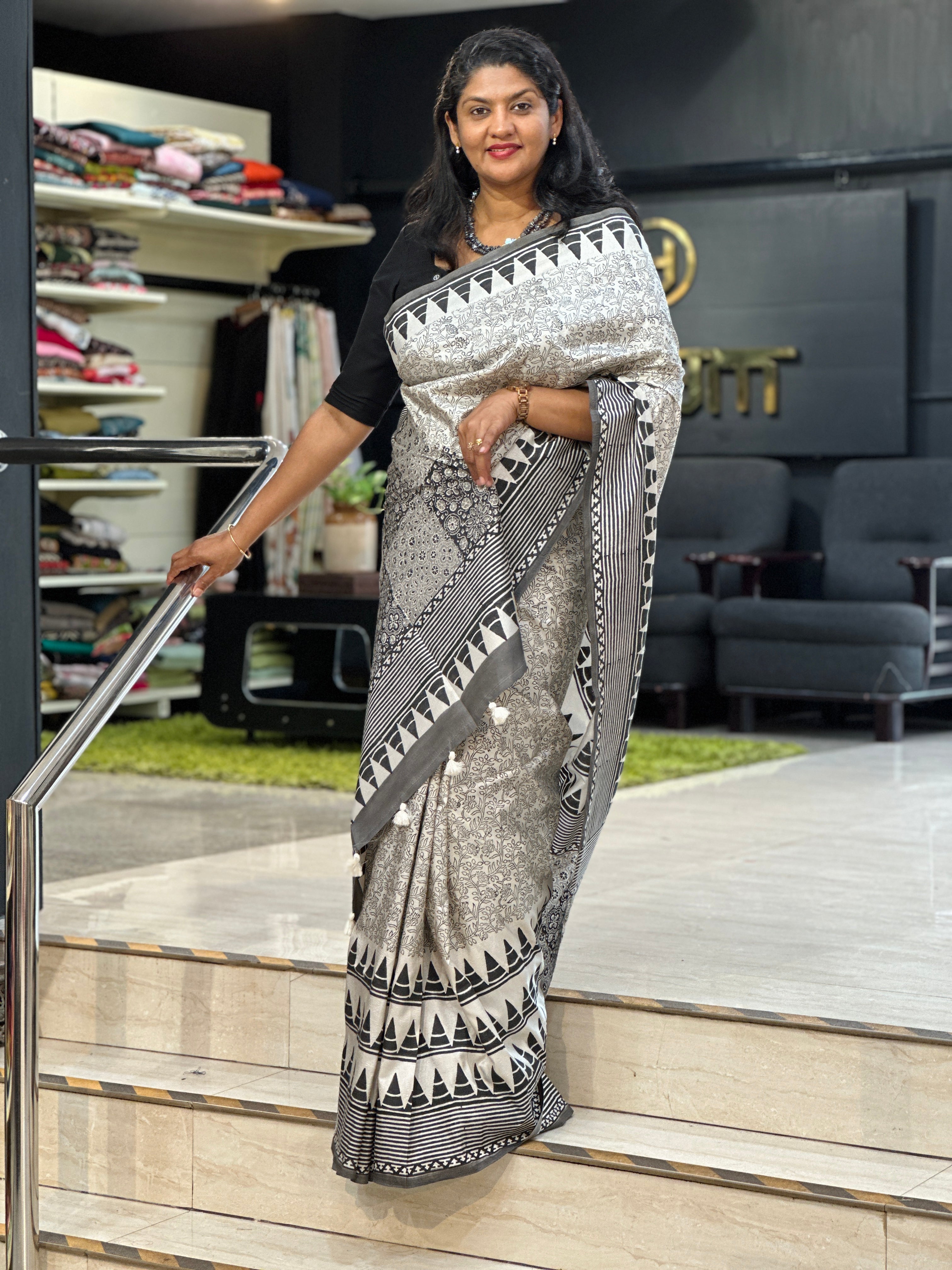 Hand Block Printed Semi Tussar Silk Saree | YNG1330