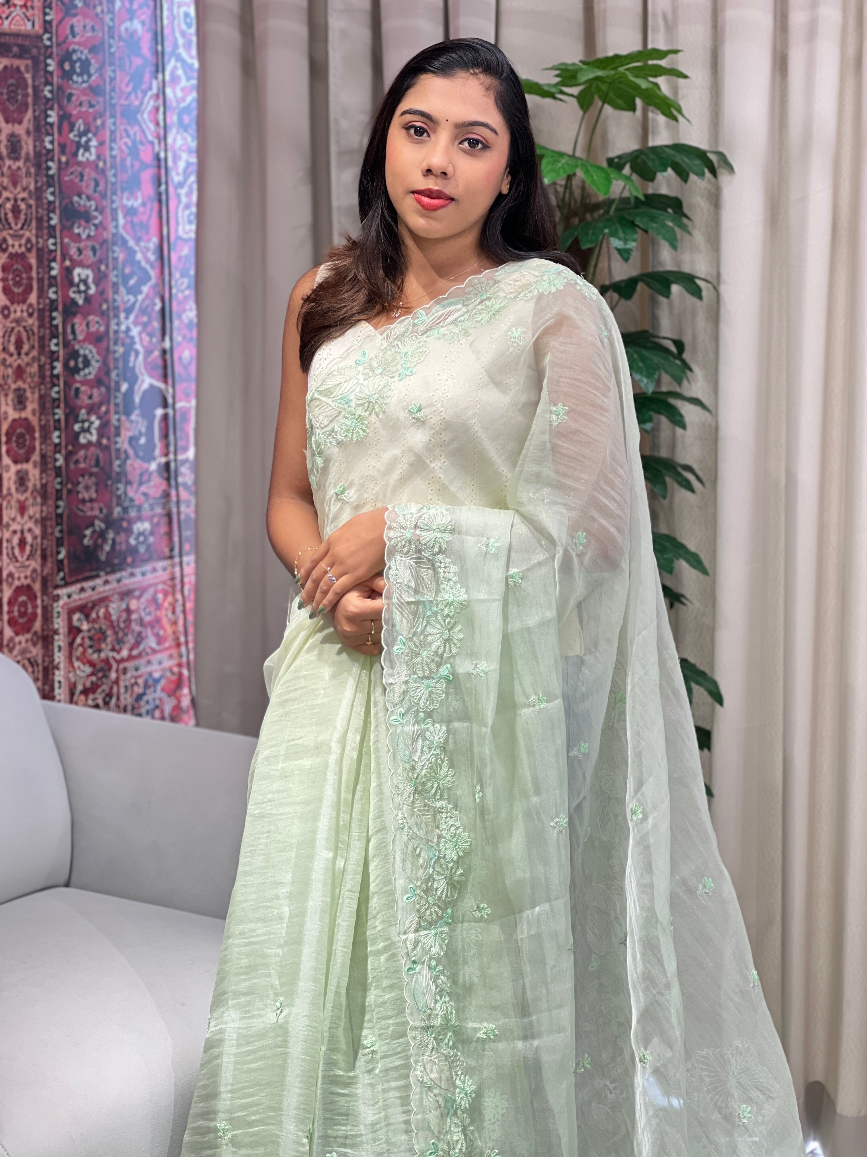 Floral Machine Embroidery Detailed Crushed Tissue Organza Saree |  BLD2033