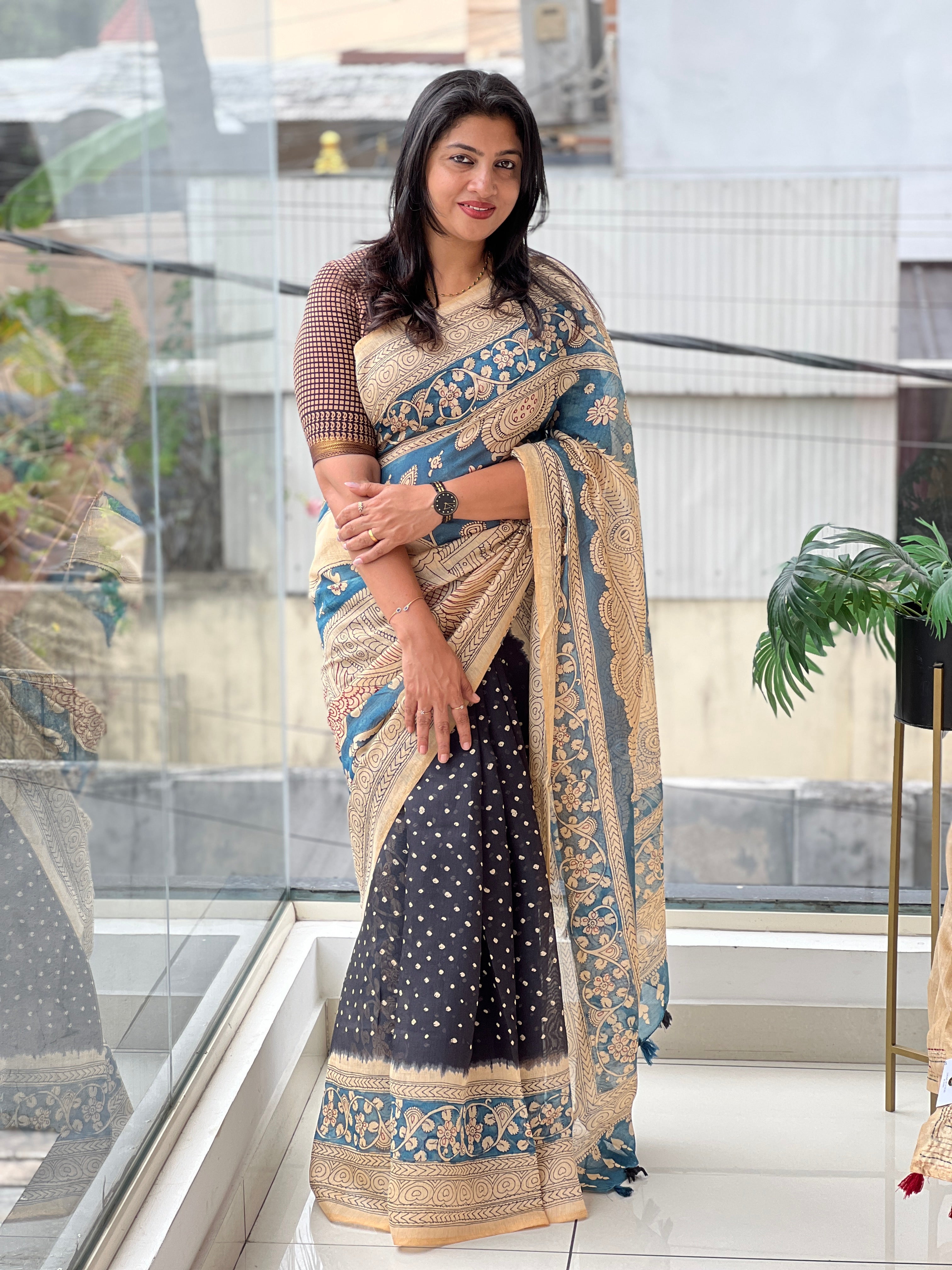 Kalamkari And Bandhani Patterned Semi Jute Saree | SSN500