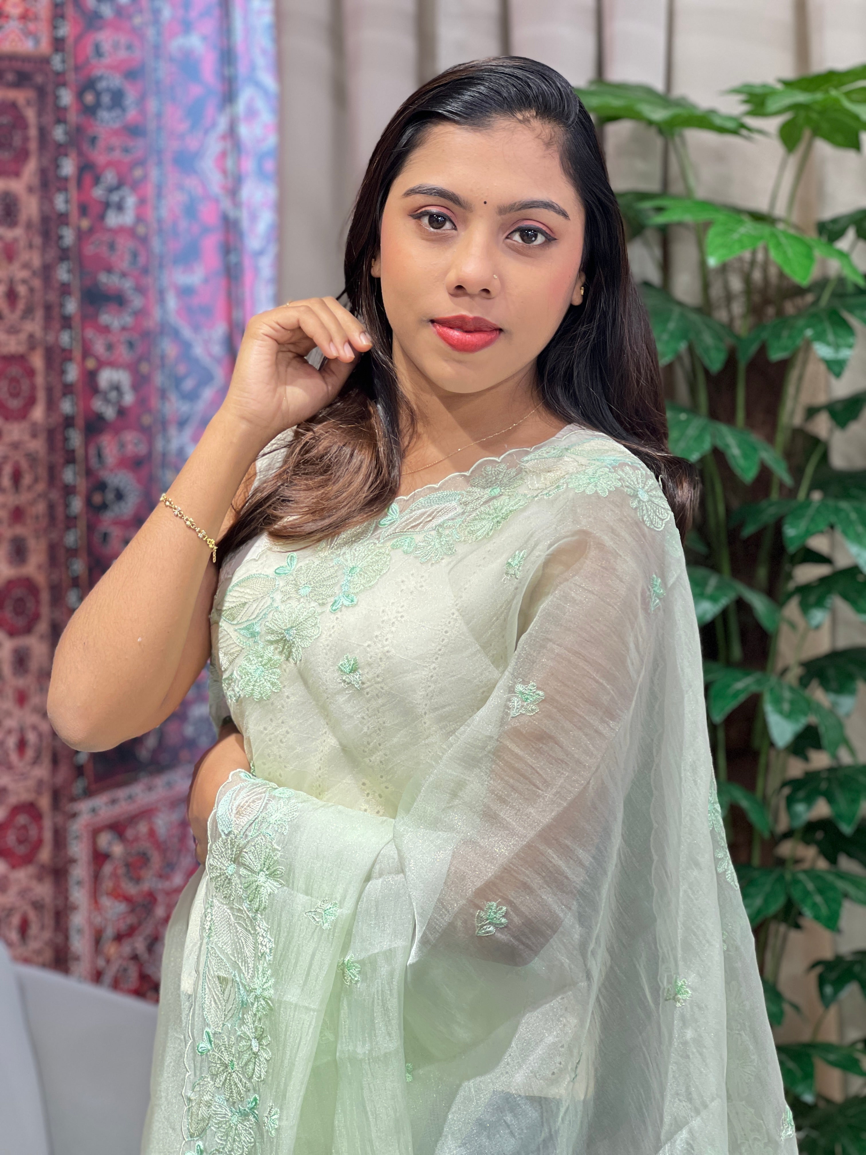 Floral Machine Embroidery Detailed Crushed Tissue Organza Saree |  BLD2033