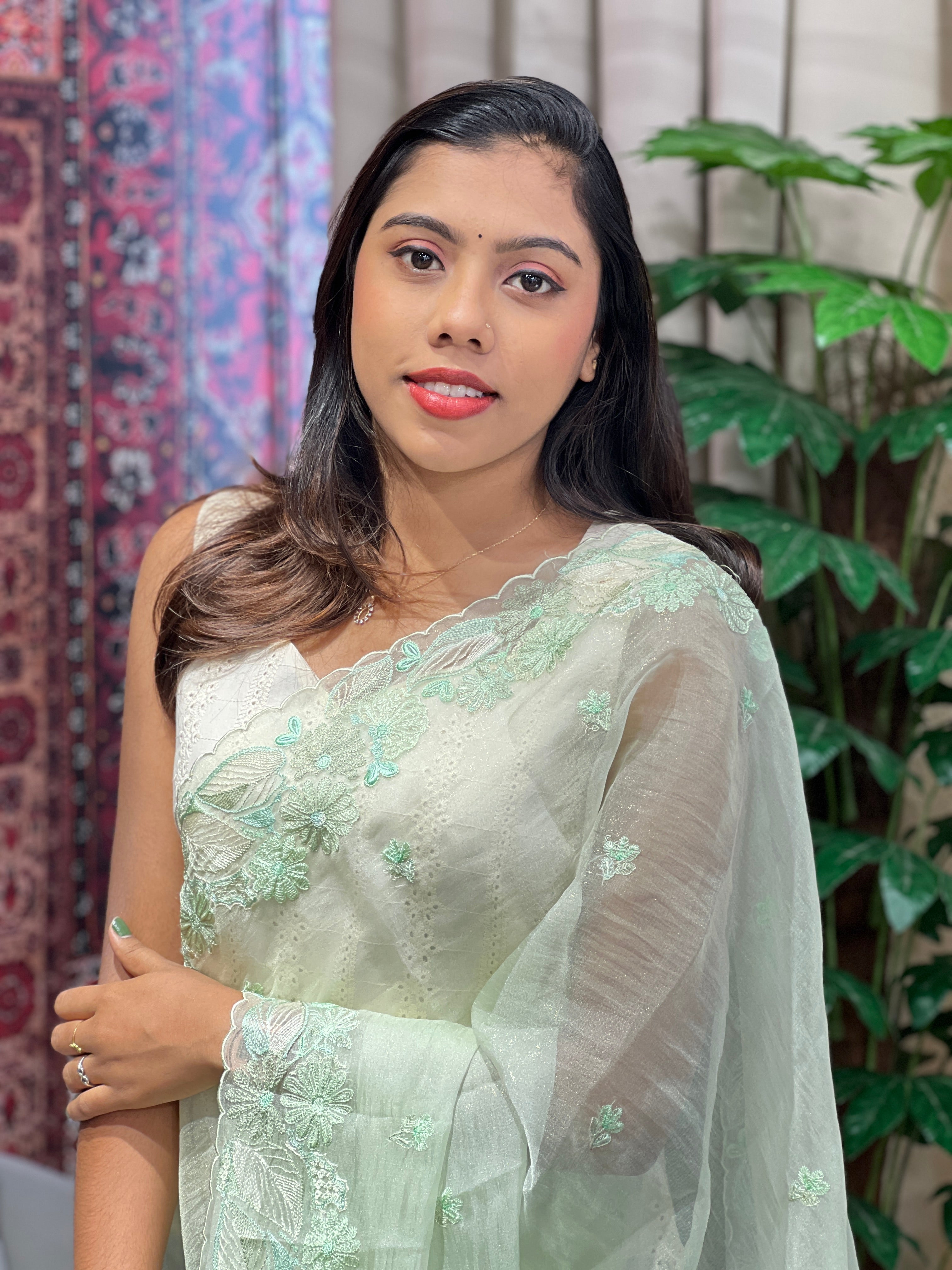 Floral Machine Embroidery Detailed Crushed Tissue Organza Saree |  BLD2033