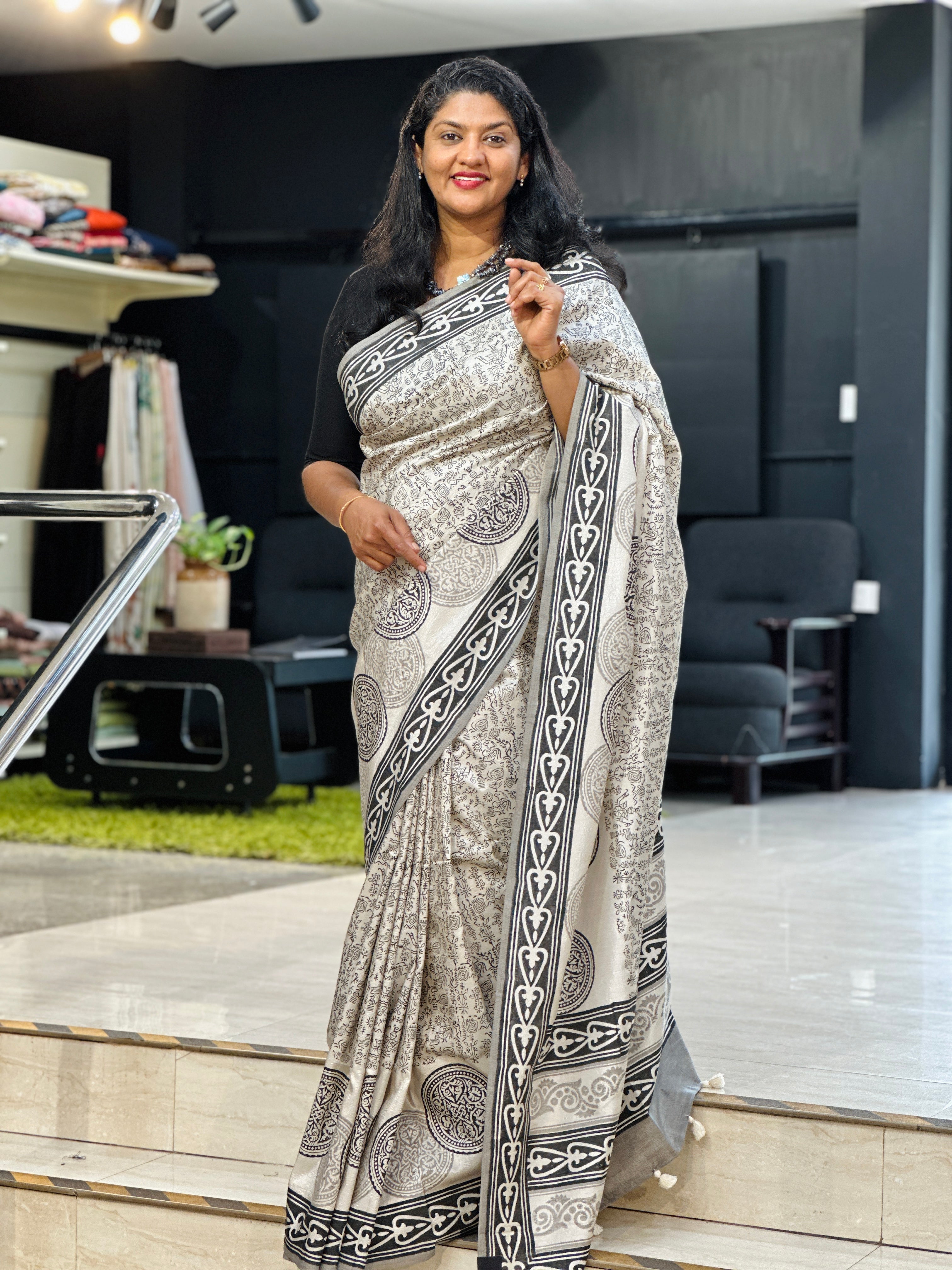 Hand Block Printed Semi Tussar Silk Saree | YNG1326