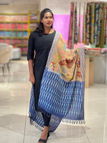 Pen Kalamkari With Ikat Border Detailed Chanderi Dupatta | DE214