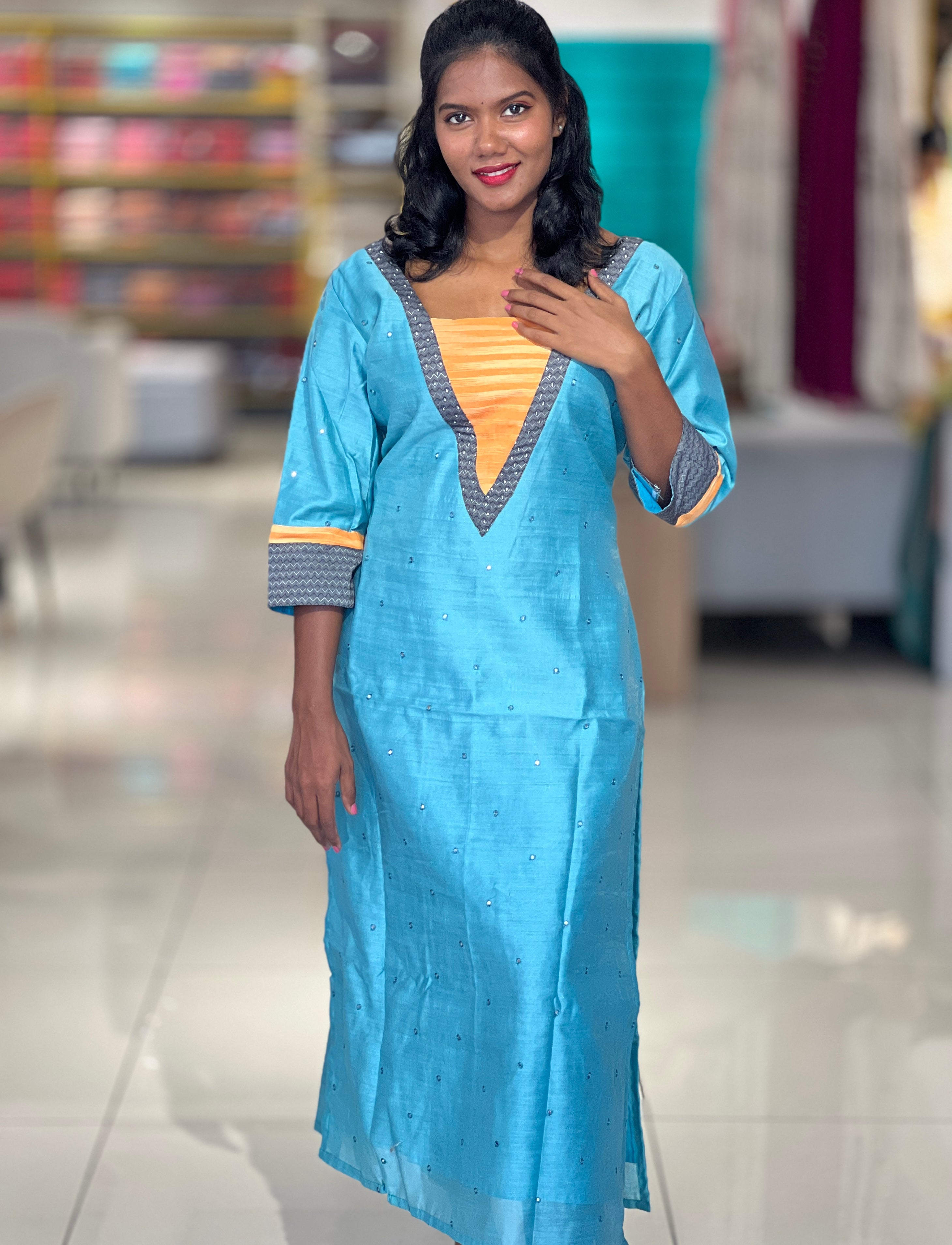 Mirror Detailed Semi Silk Kurta | DNT355