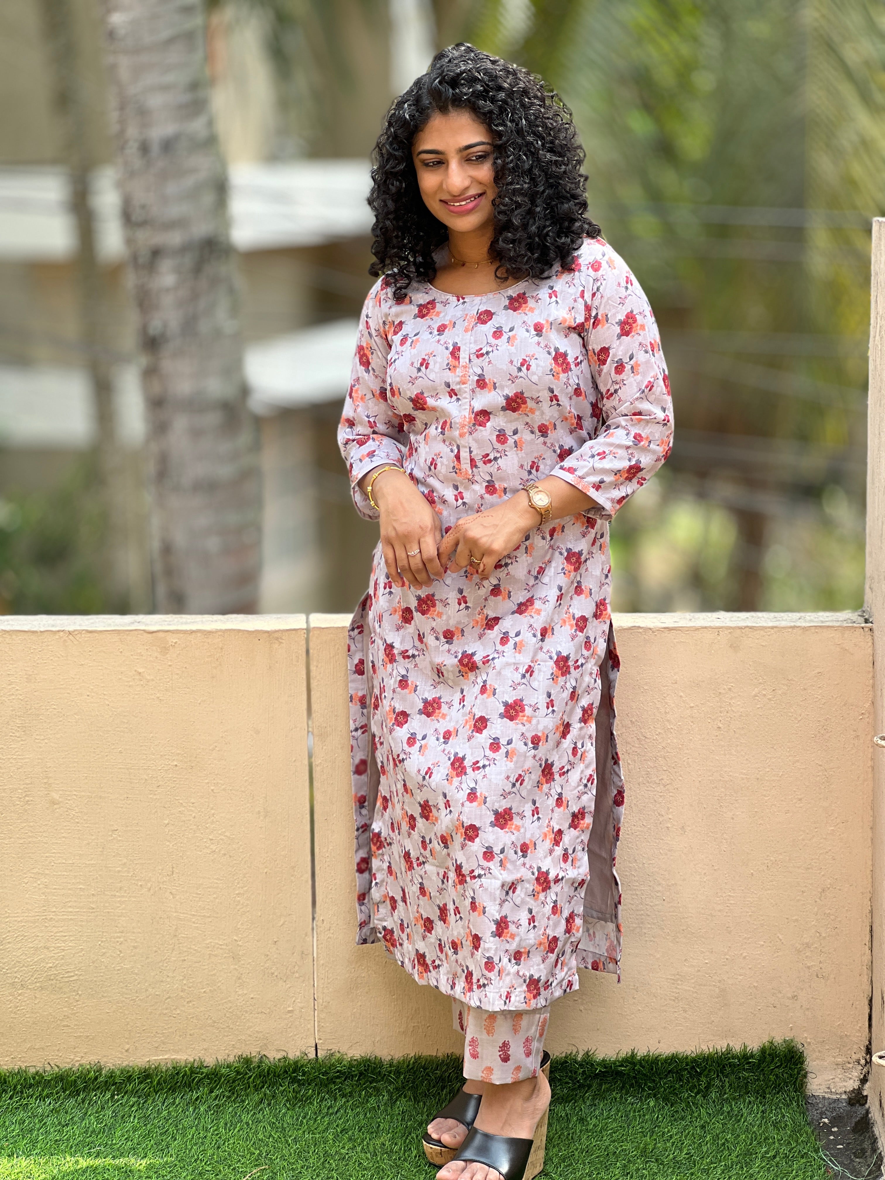 Floral Digital Print Design Slub Cotton Kurta Set | SV238