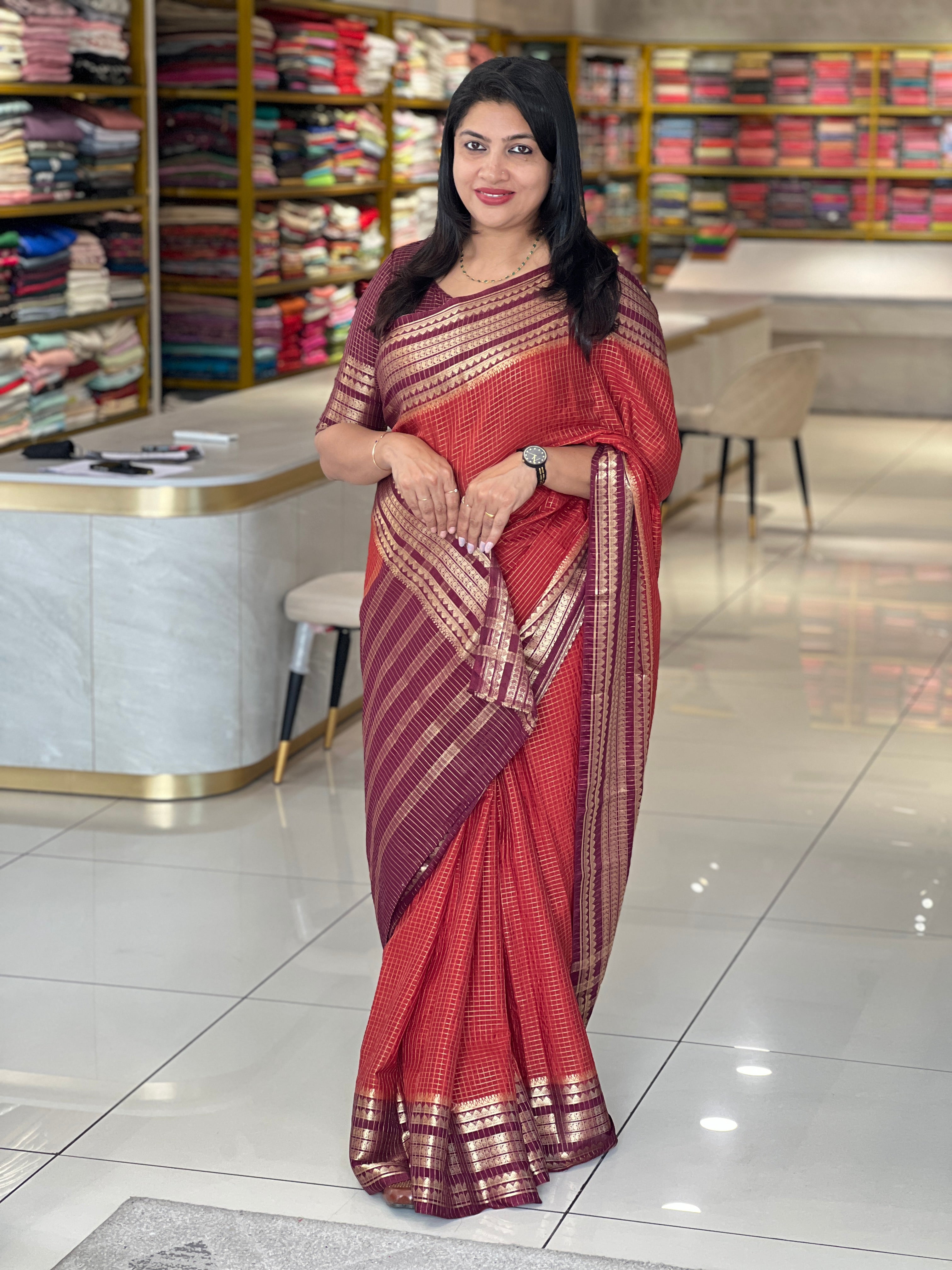 Traditional Check Patterned Semi Crepe Saree | NN481