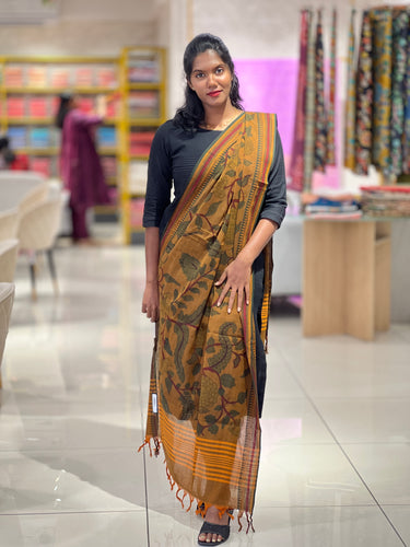 Pen Kalamkari With Temple Border Detailed Chanderi Dupatta | DE211