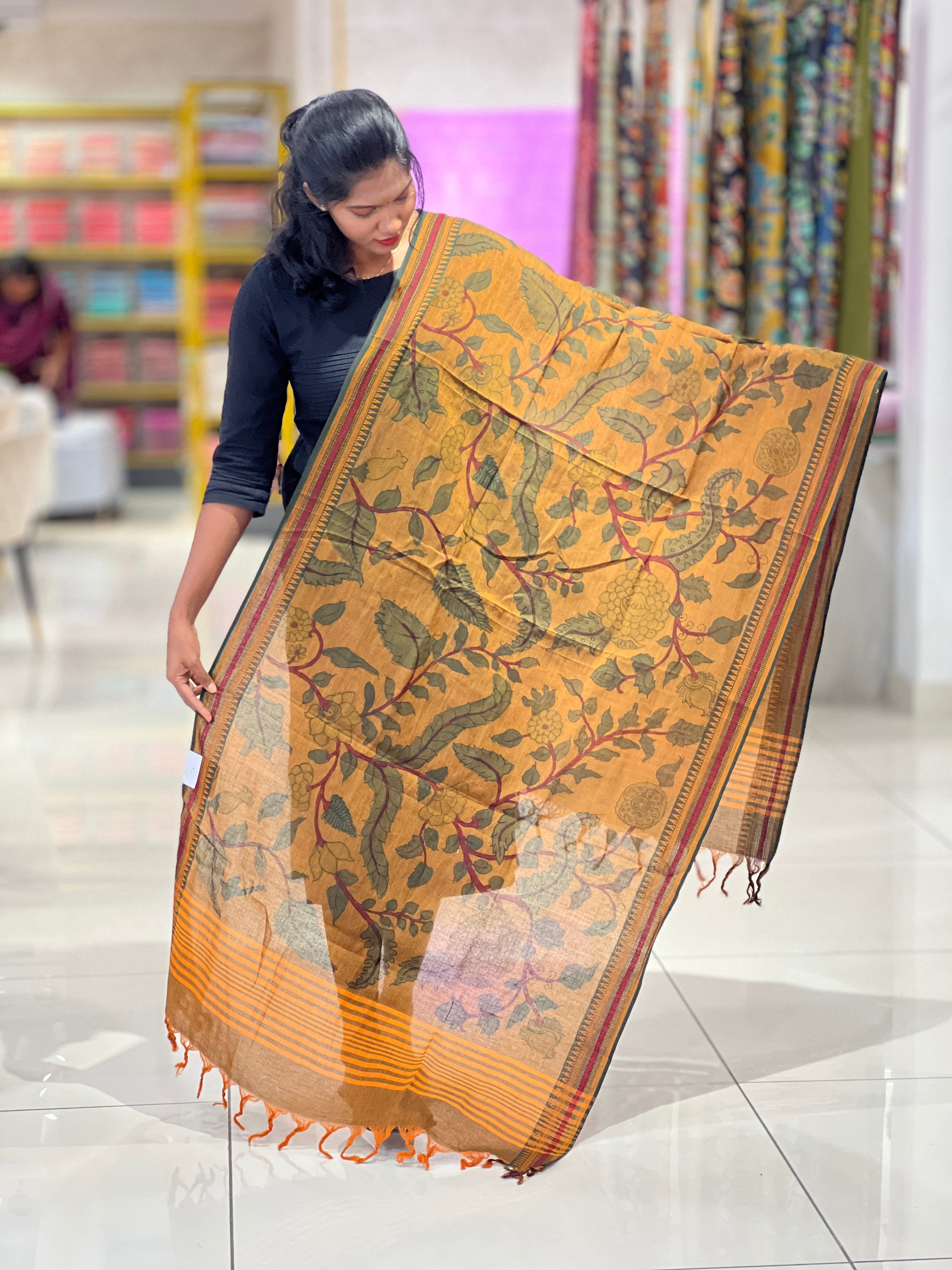 Traditional Pen Kalamkari With Temple Border Detailed Chanderi Dupatta | DE211