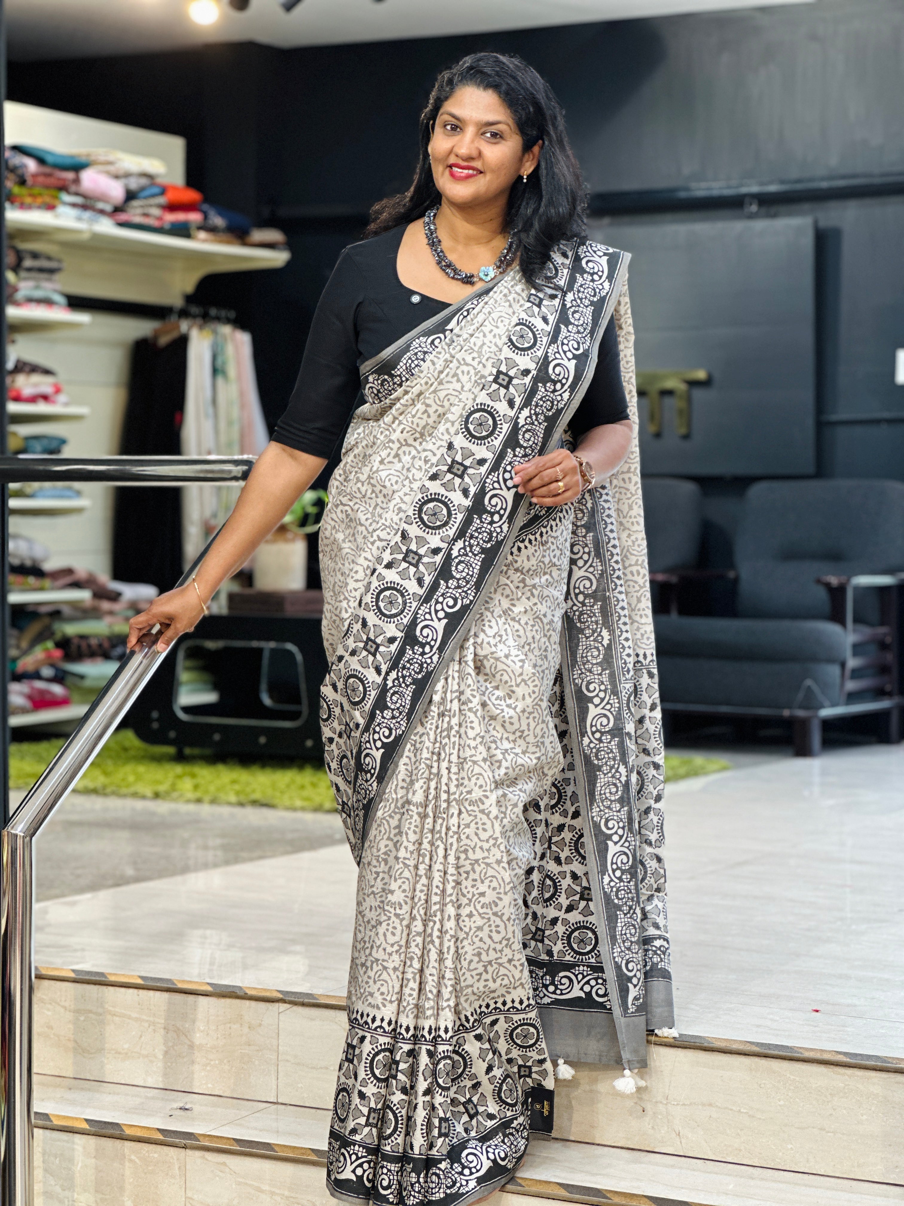 Hand Block Printed Semi Tussar Silk Saree | YNG1328