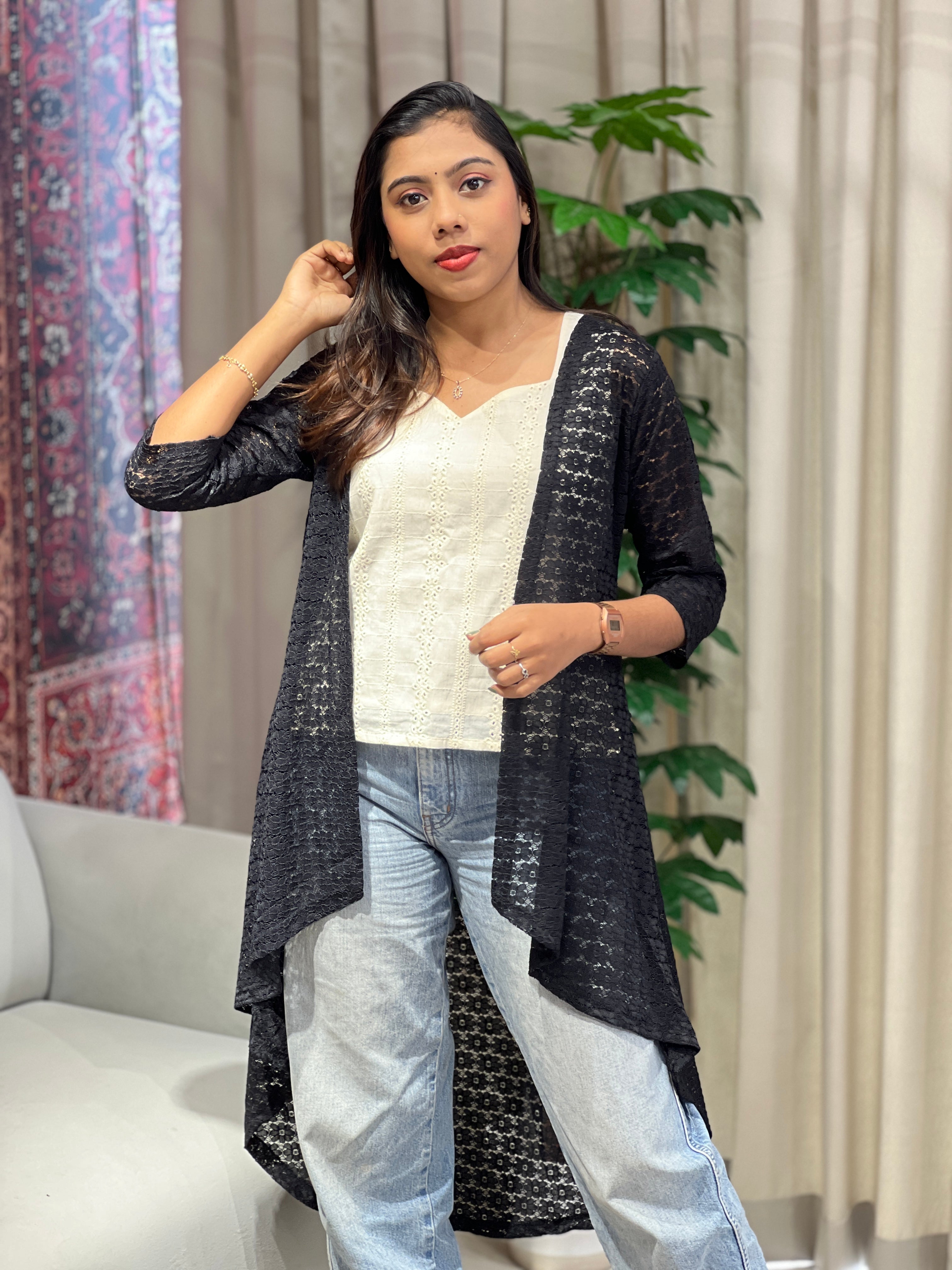 Embroidery Detailed Net Shrug | PGI251