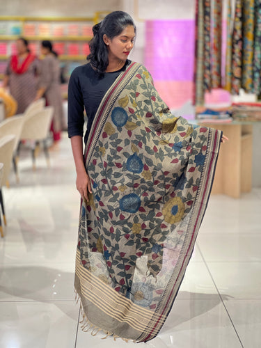 Pen Kalamkari With Temple Border Detailed Chanderi Dupatta | DE203