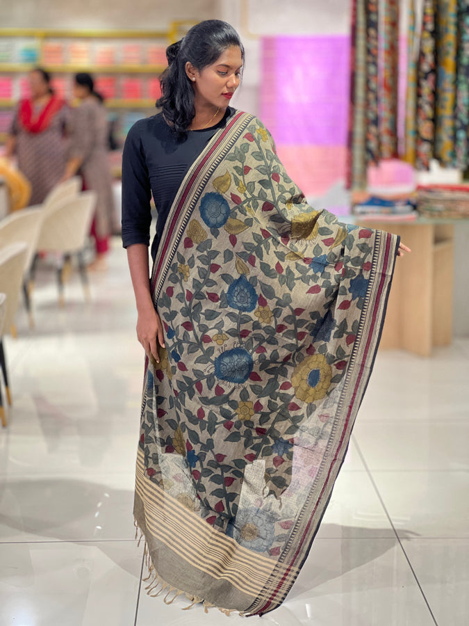 Pen Kalamkari With Temple Border Detailed Chanderi Dupatta | DE203