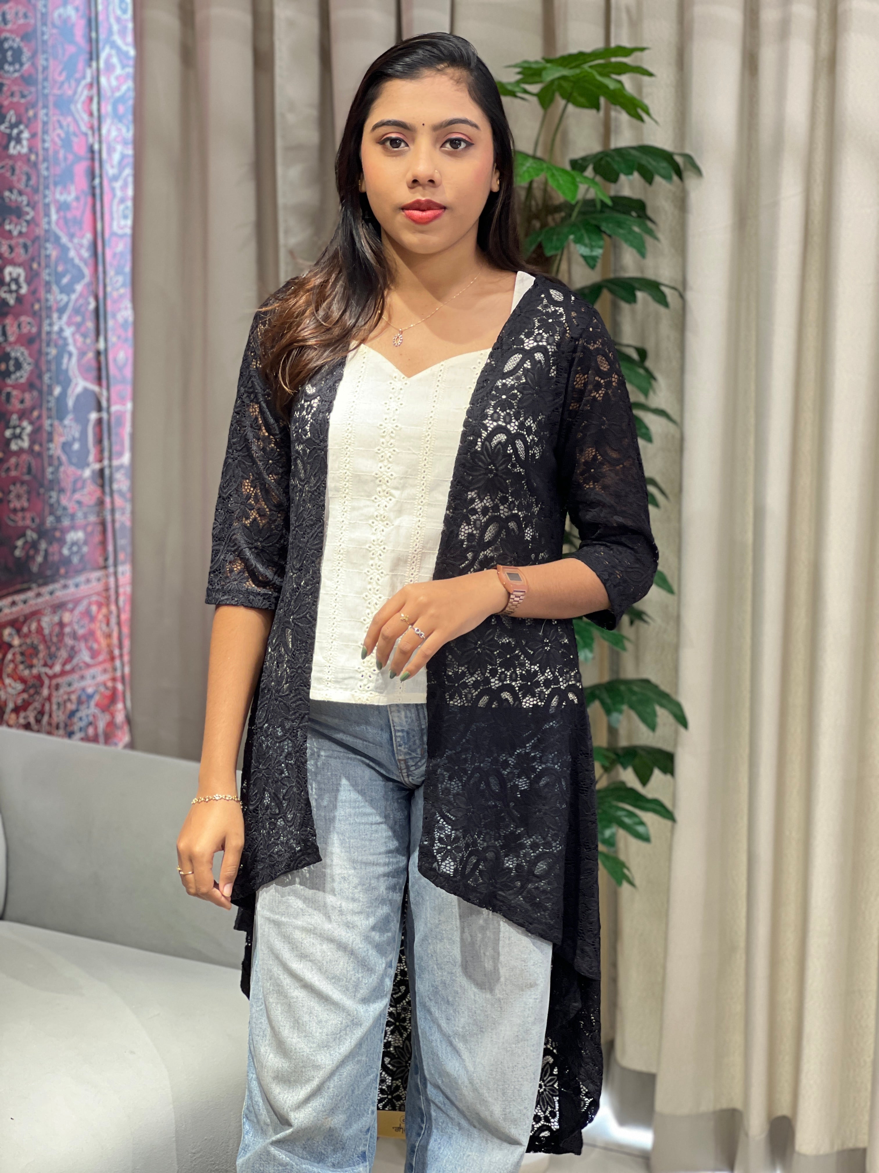 Embroidery Detailed Net Shrug | PGI249