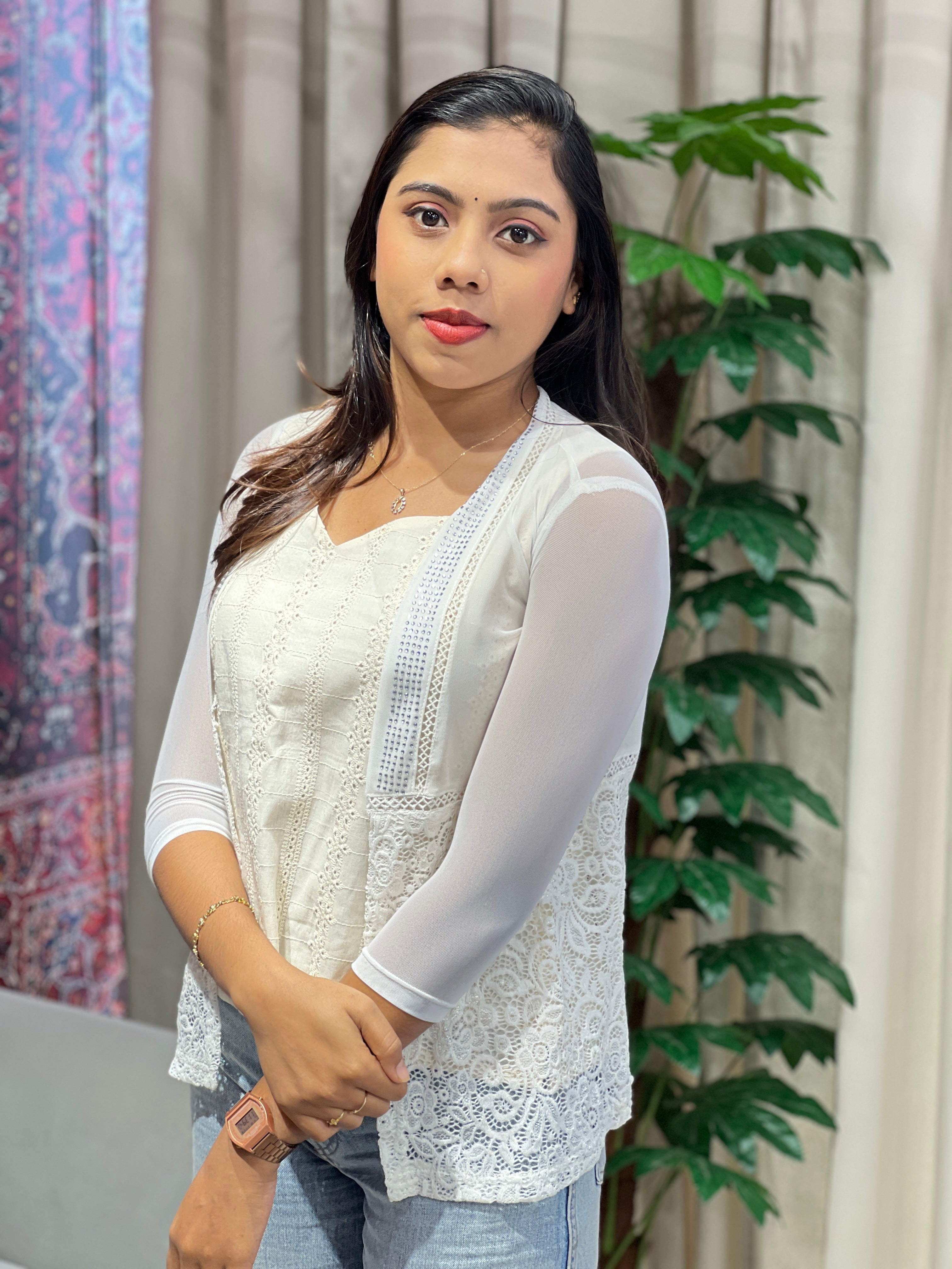 Embroidery With Lace Detailed Net Shrug | PGI242