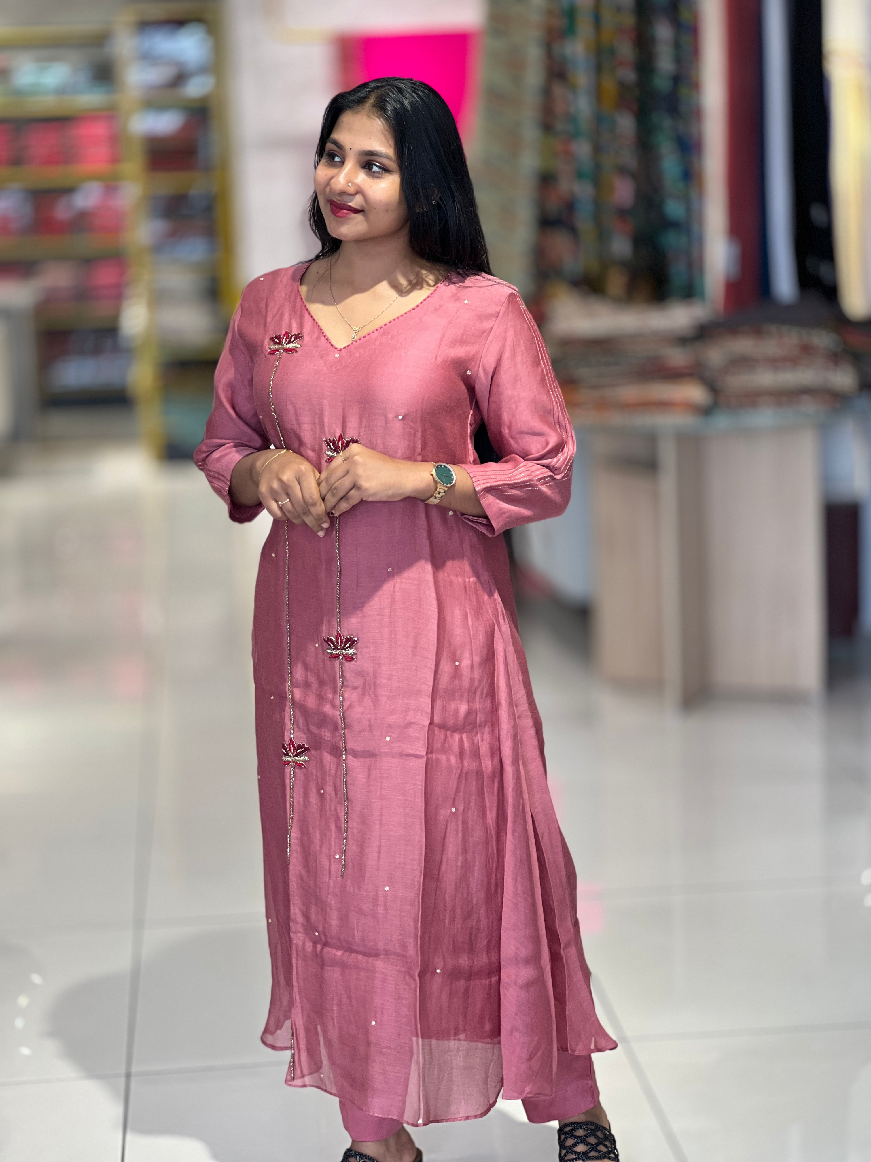 Hand Embroidery Detailed Chanderi Kurta Top & Bottom | EC105