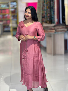 Hand Embroidery Detailed Chanderi Kurta Top & Bottom | EC105