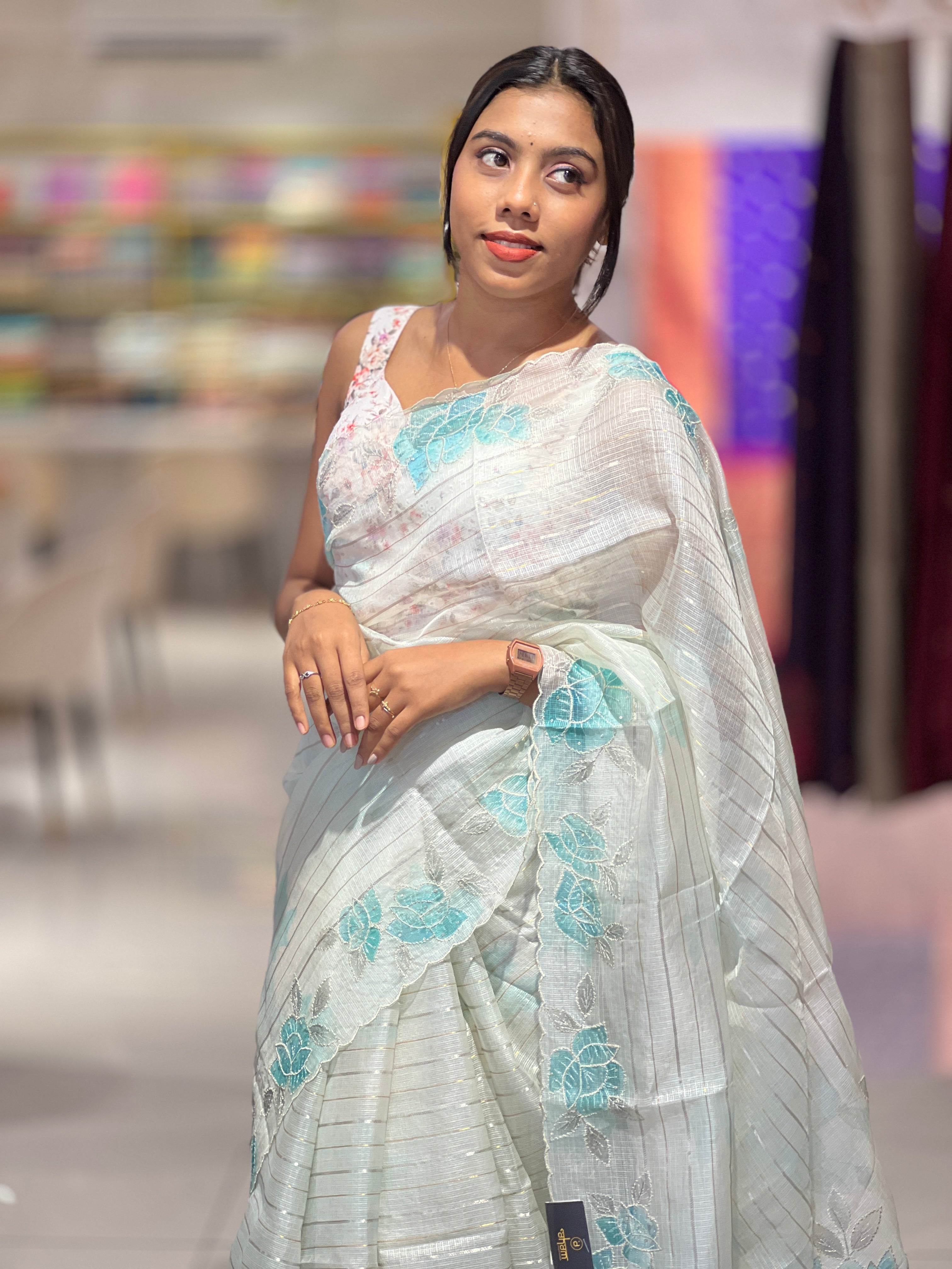 Zari Stripe With Floral Paint Detailed Silky Kota Saree | SBS1351