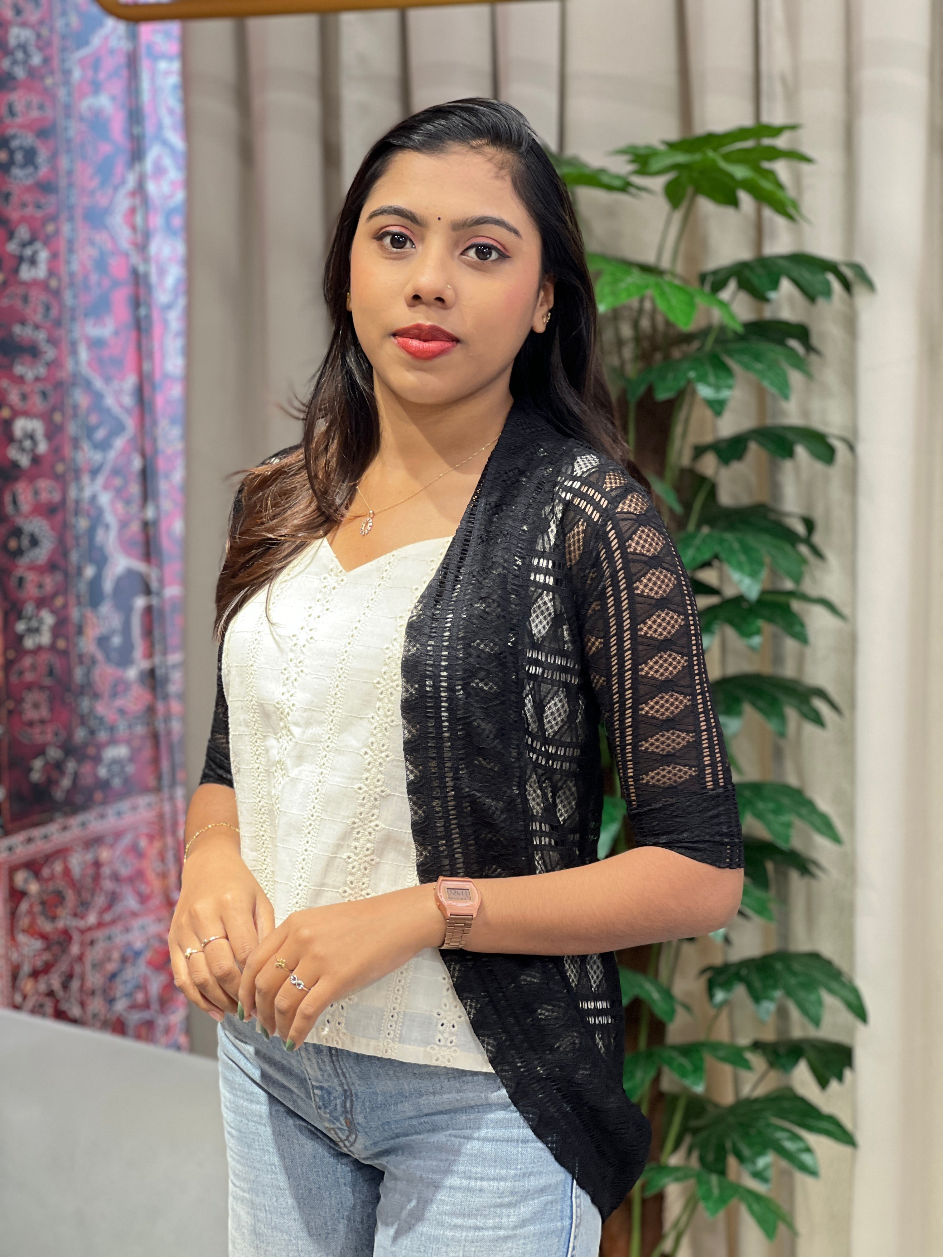 Embroidery Detailed Net Shrug | PGI252