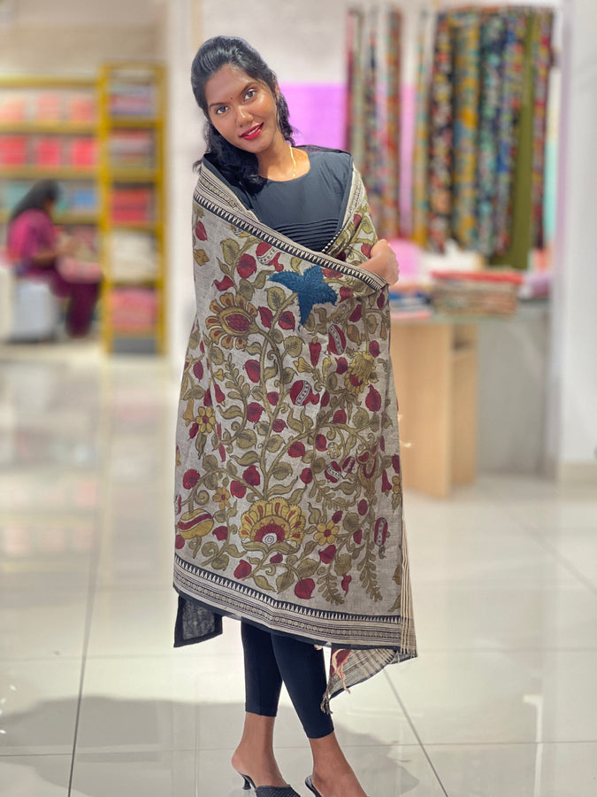 Pen Kalamkari With Temple Border Detailed Chanderi Dupatta | DE204