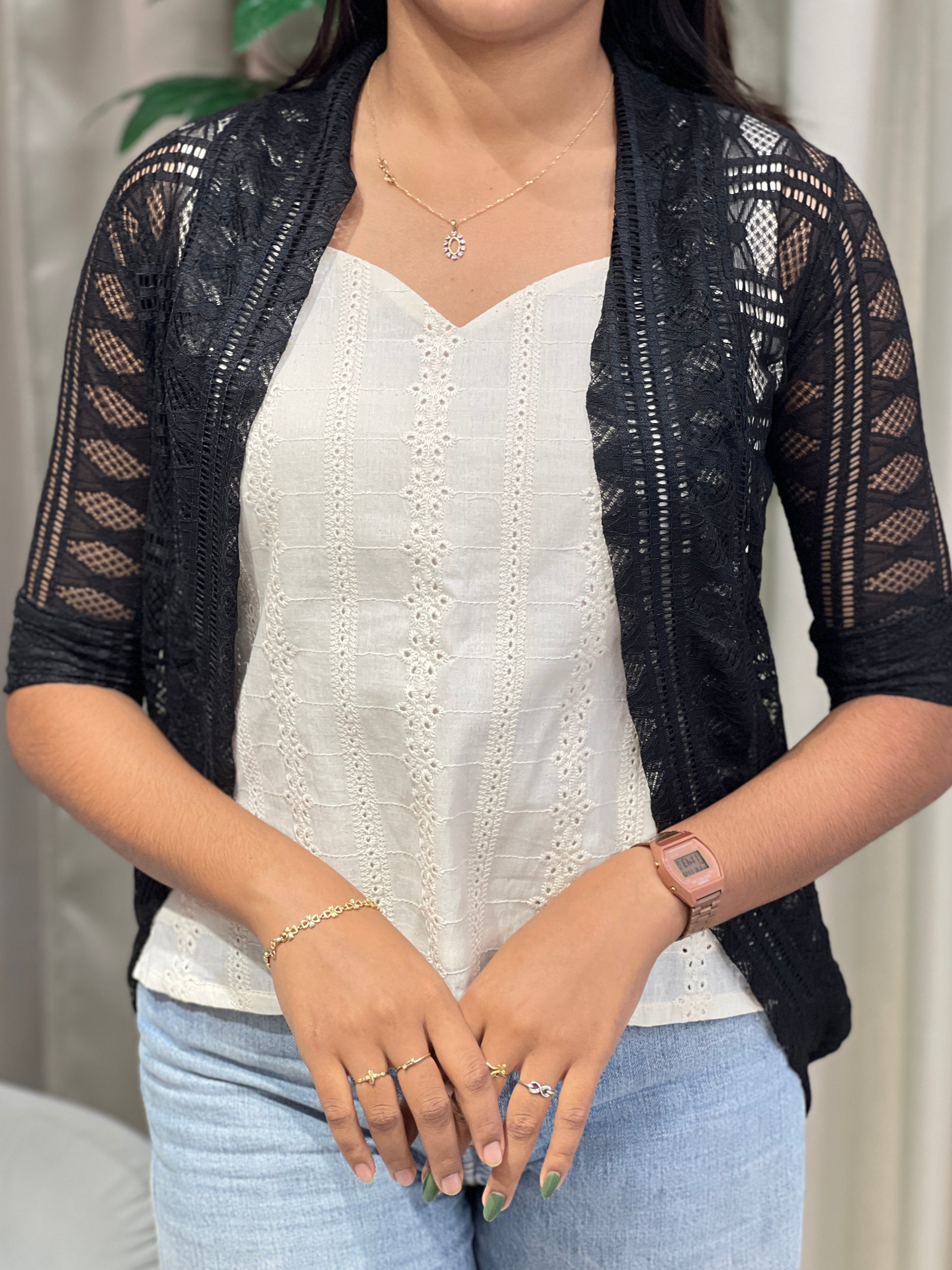 Embroidery Detailed Net Shrug | PGI252