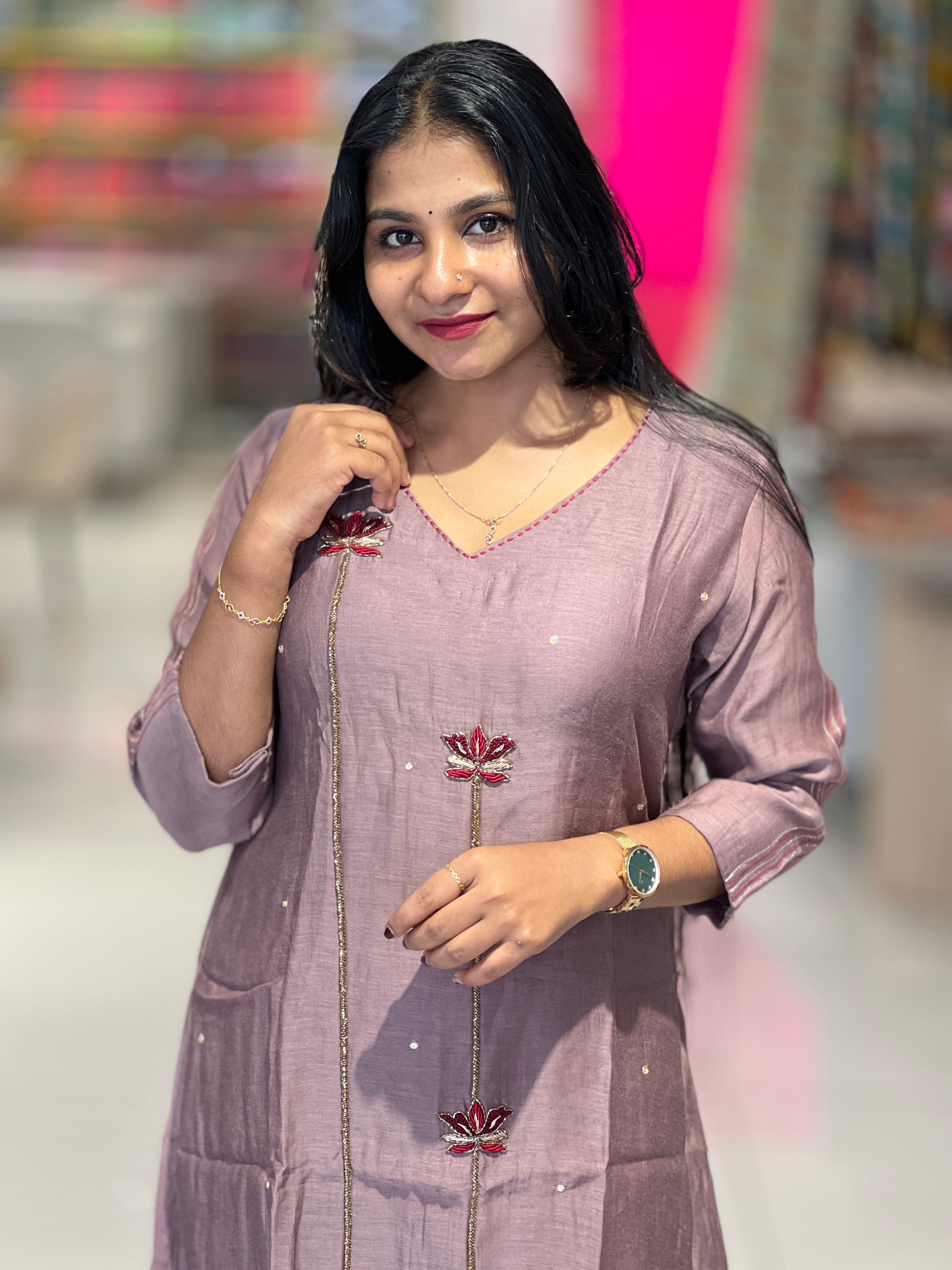 Hand Embroidery Detailed Chanderi Kurta Top & Bottom | EC106