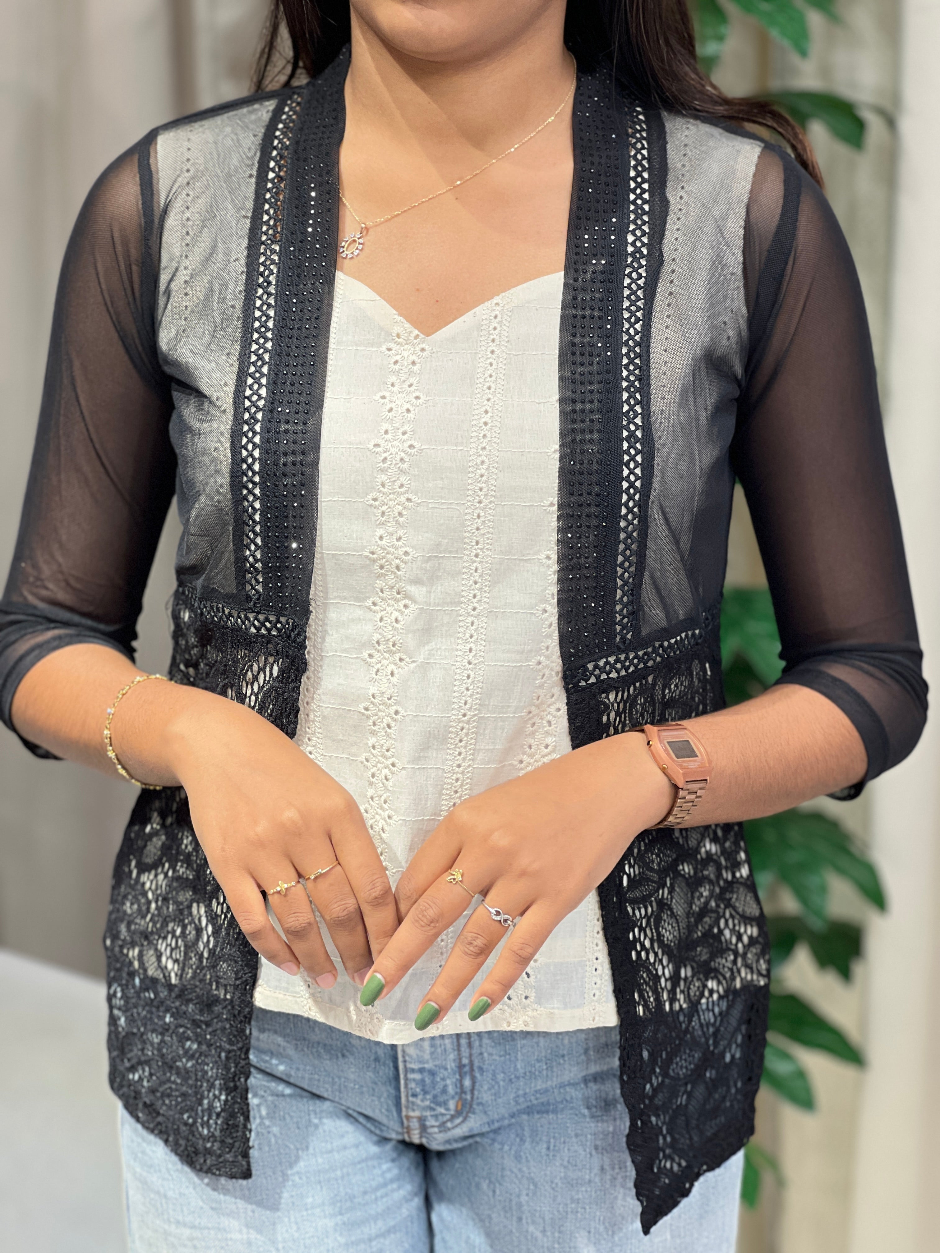 Embroidery Detailed Net Shrug | PGI241