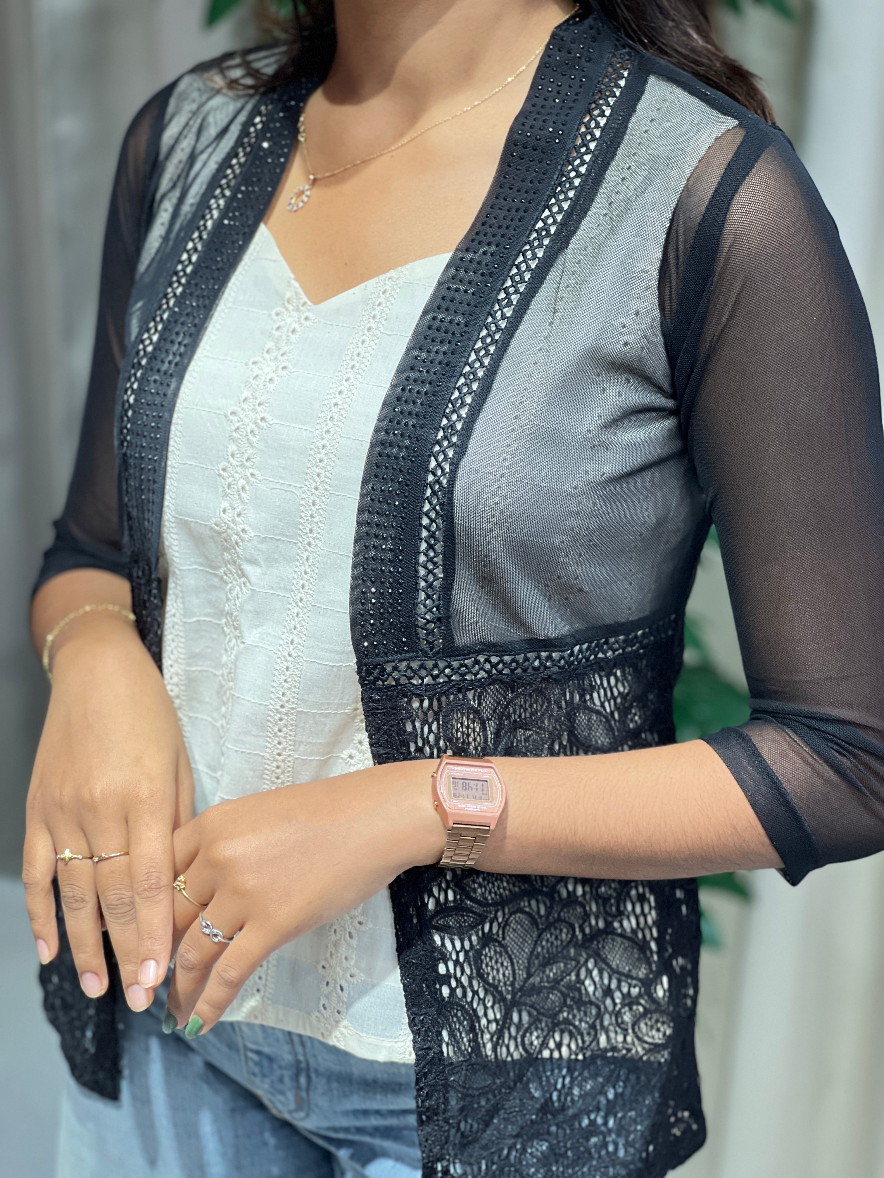 Embroidery Detailed Net Shrug | PGI241