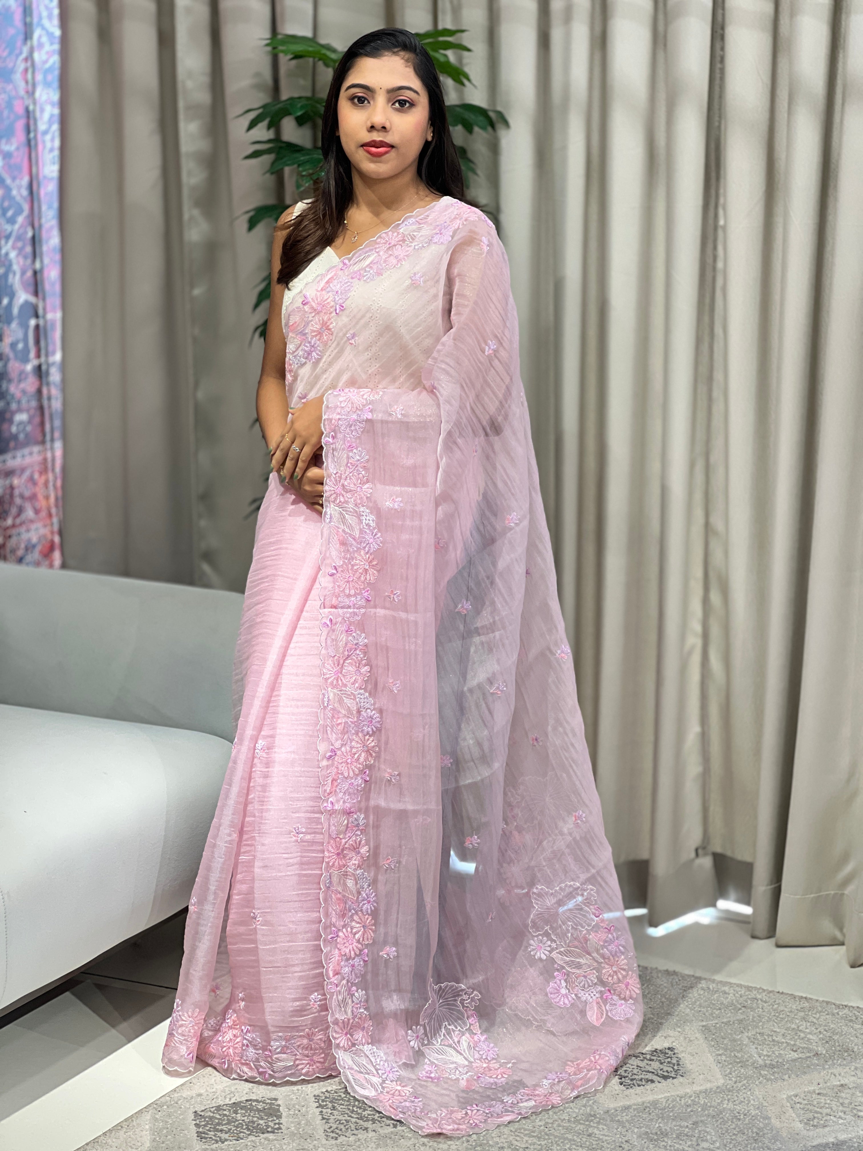 Floral Machine Embroidery Detailed Crushed Tissue Organza Saree | BLD2034