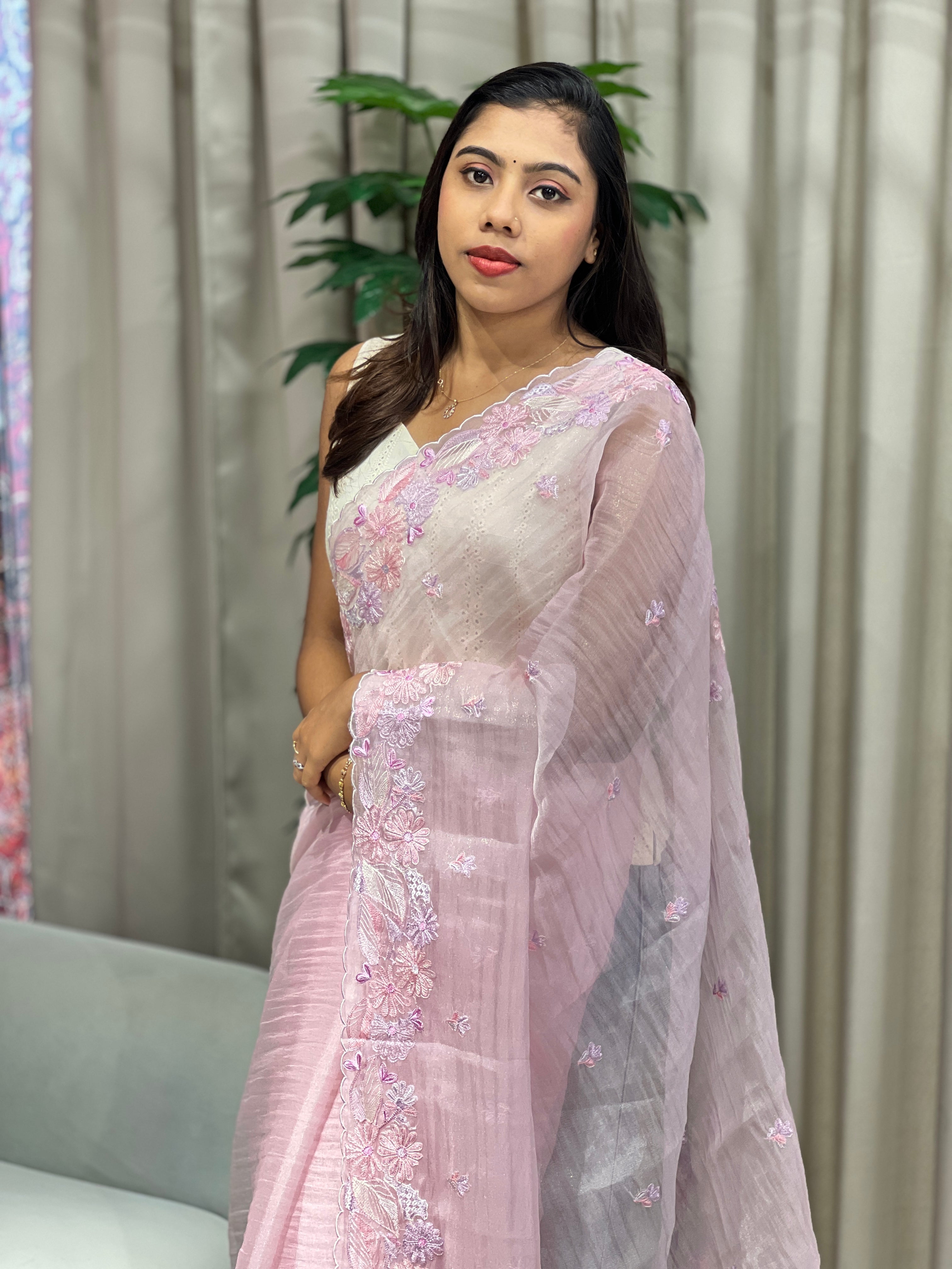 Floral Machine Embroidery Detailed Crushed Tissue Organza Saree | BLD2034