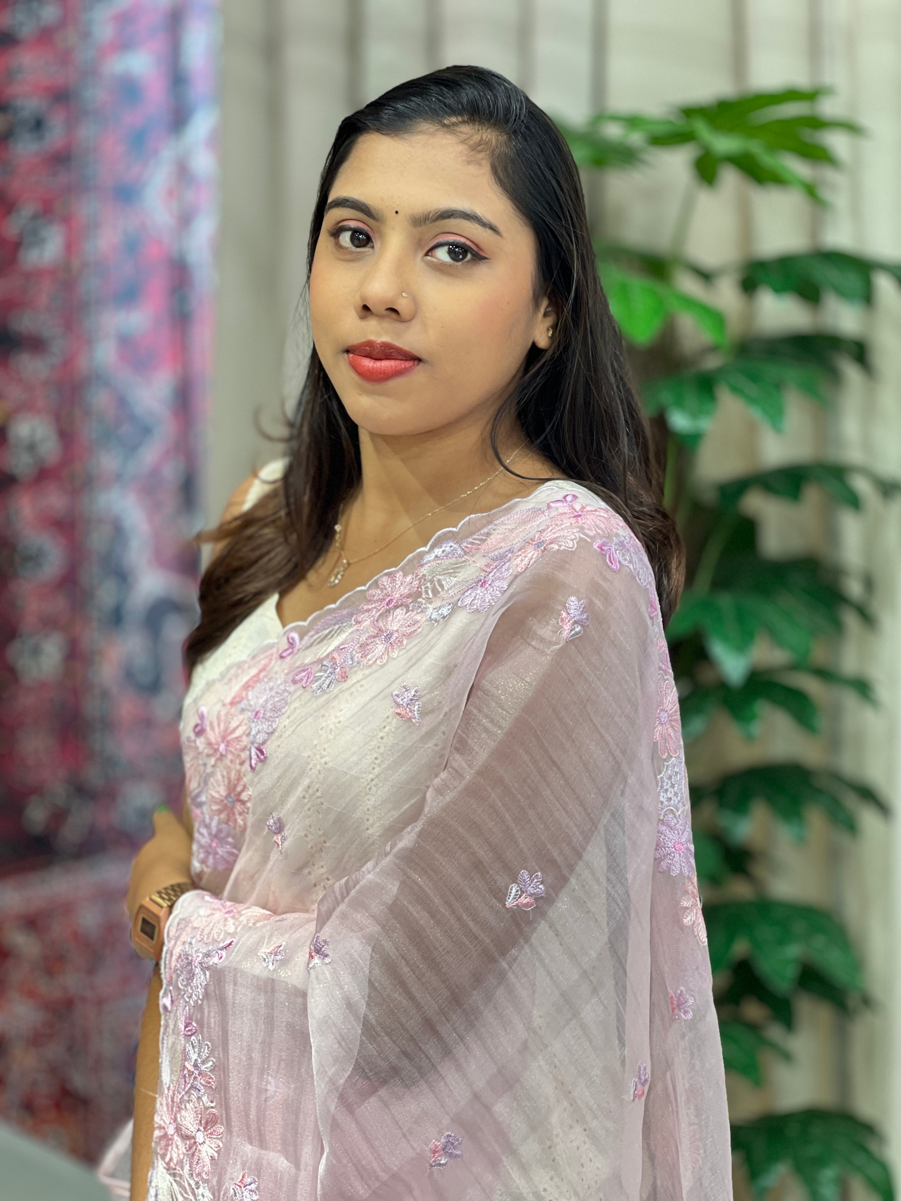 Floral Machine Embroidery Detailed Crushed Tissue Organza Saree | BLD2034