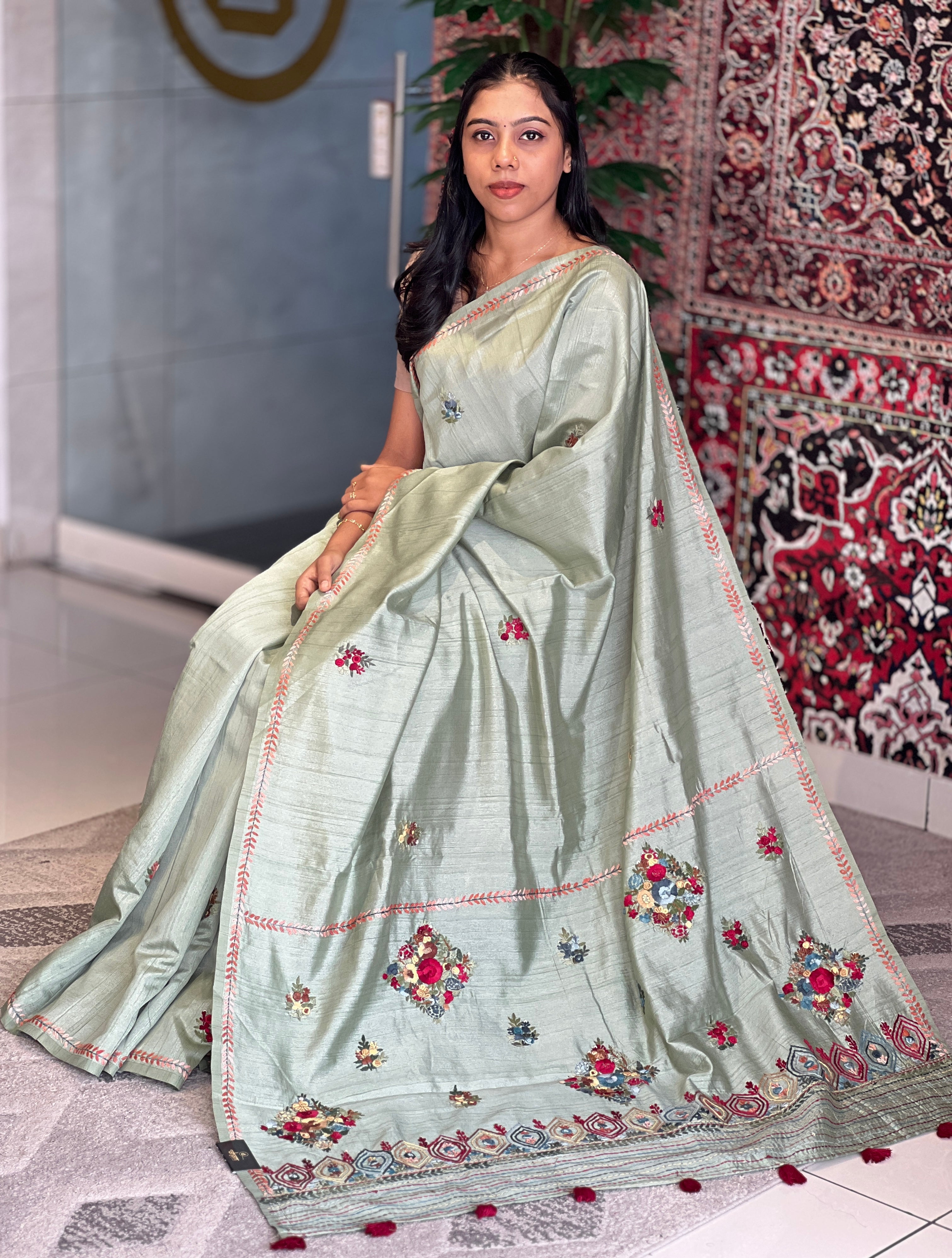 Hand Embroidery With Sequence Detailed Semi Tussar Saree | BLD639